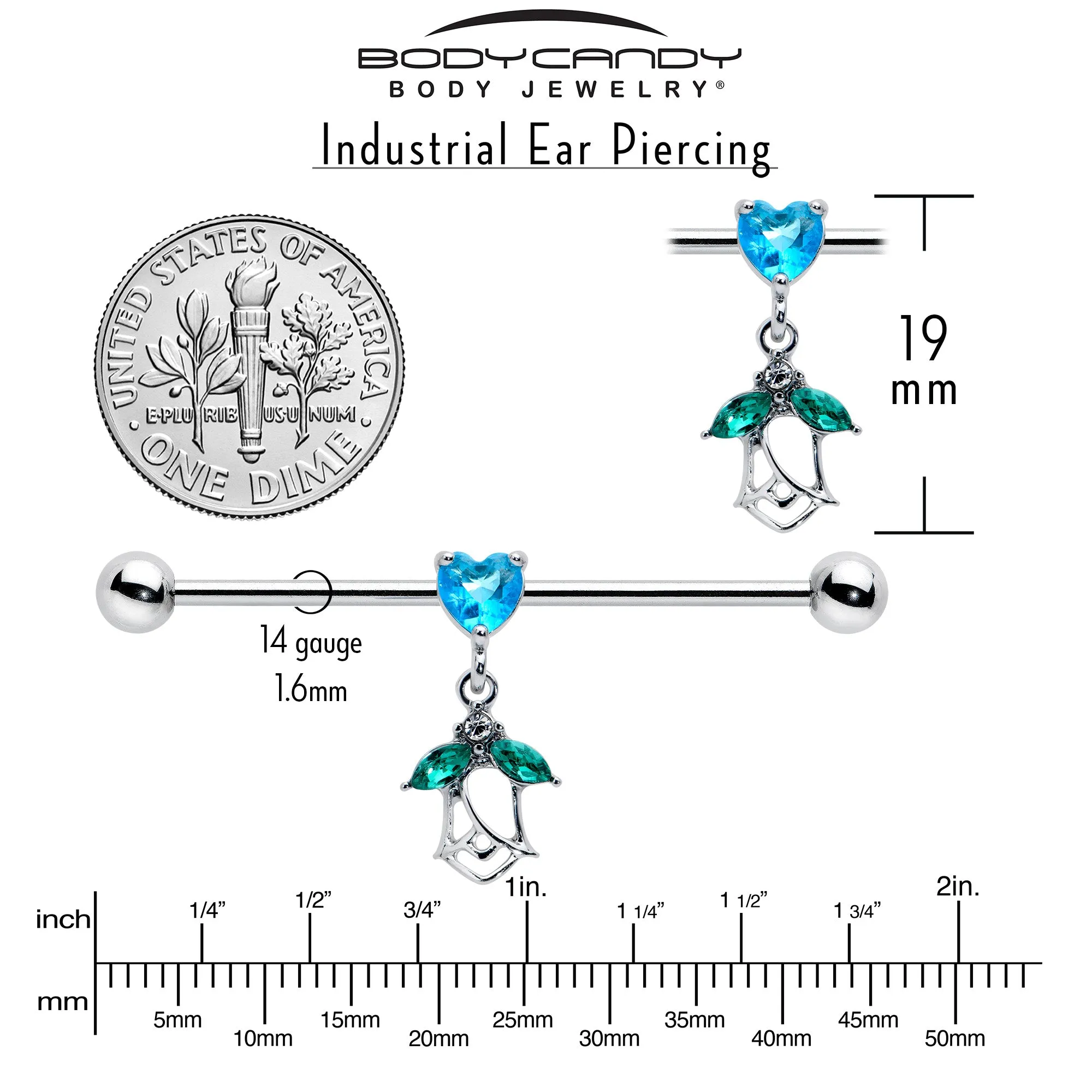 14 Gauge Blue CZ Gem Heart And Rose Dangle Industrial Barbell 38mm