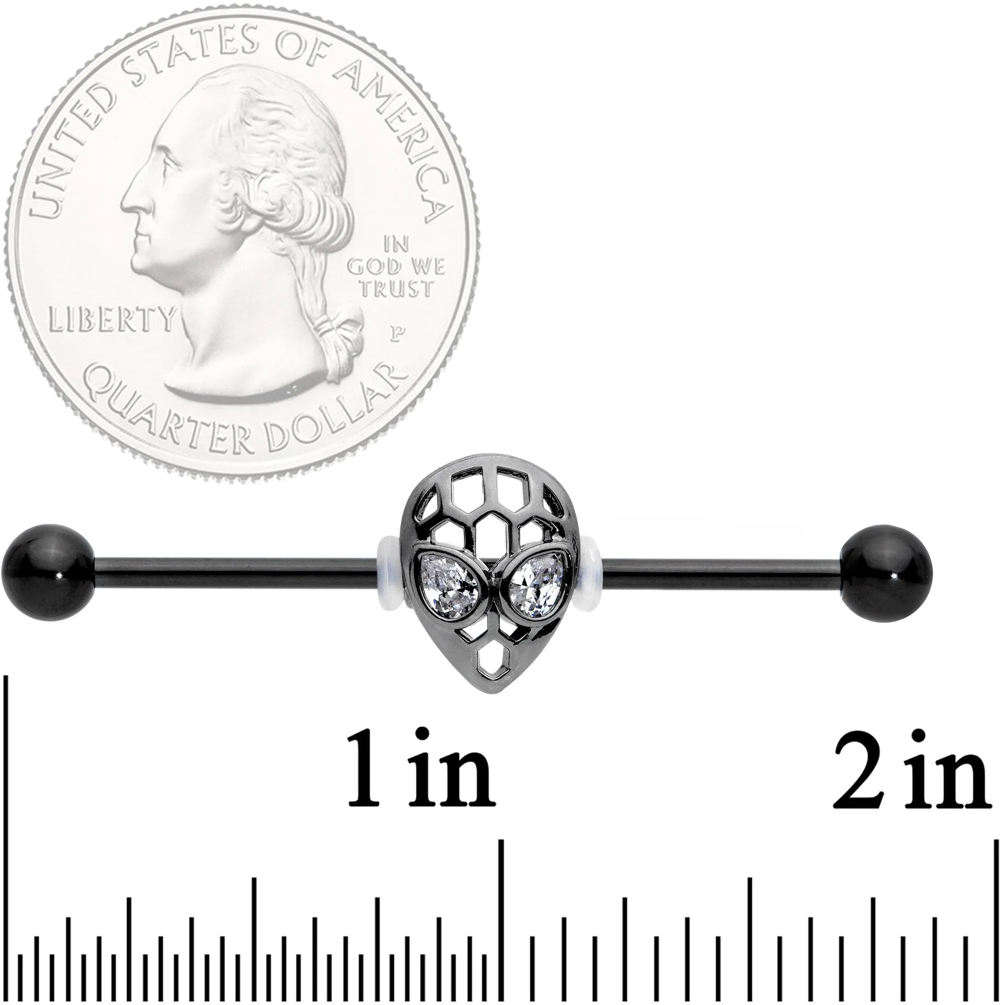 14 Gauge Clear CZ Gem Black Openwork Alien Industrial Barbell 38mm