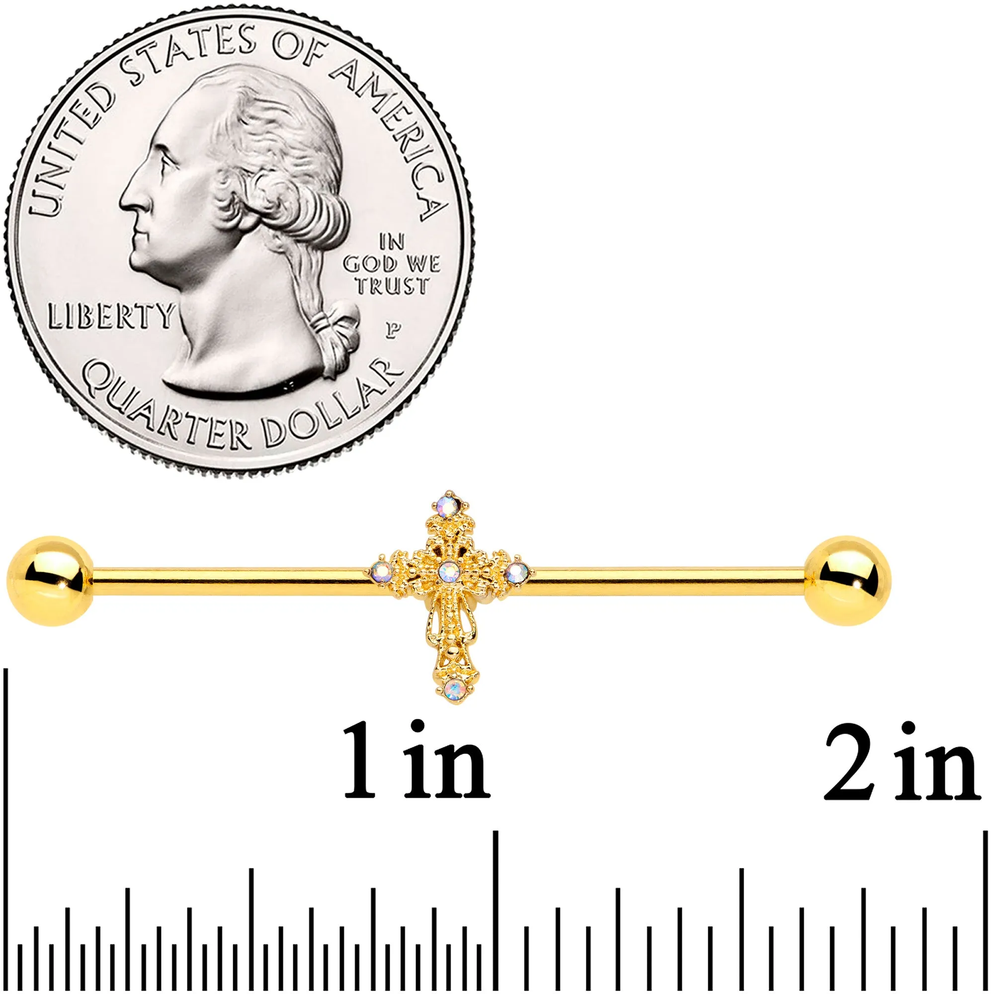 14 Gauge Clear CZ Gem Gold Tone Cross Industrial Barbell 38mm