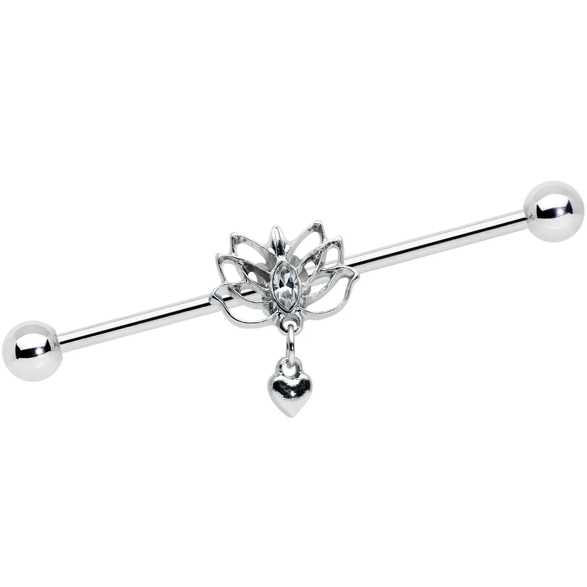 14 Gauge Clear Gem Lotus Flower Heart Dangle Industrial Barbell 38mm