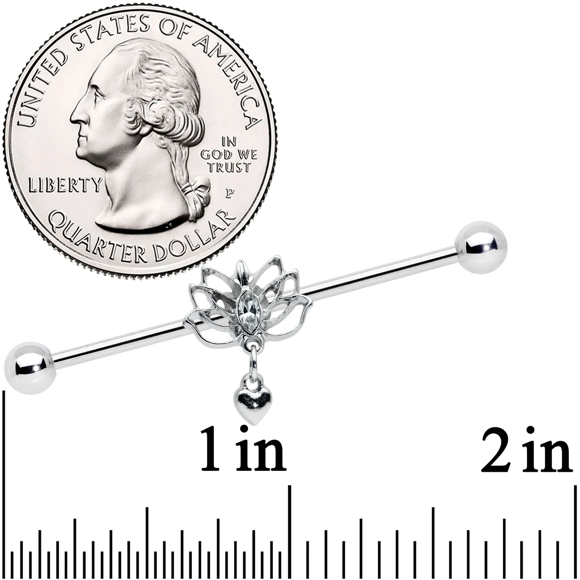 14 Gauge Clear Gem Lotus Flower Heart Dangle Industrial Barbell 38mm