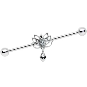 14 Gauge Clear Gem Lotus Flower Heart Dangle Industrial Barbell 38mm
