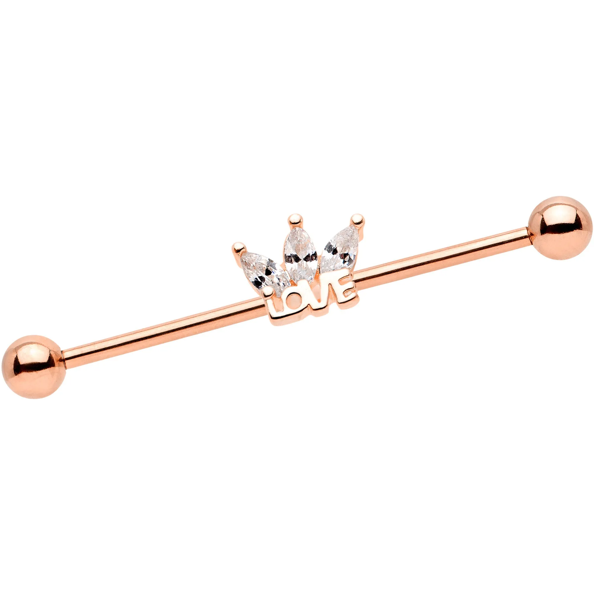 14 Gauge Clear Gem Rose Gold Tone Crown of Love Industrial Barbell 38mm