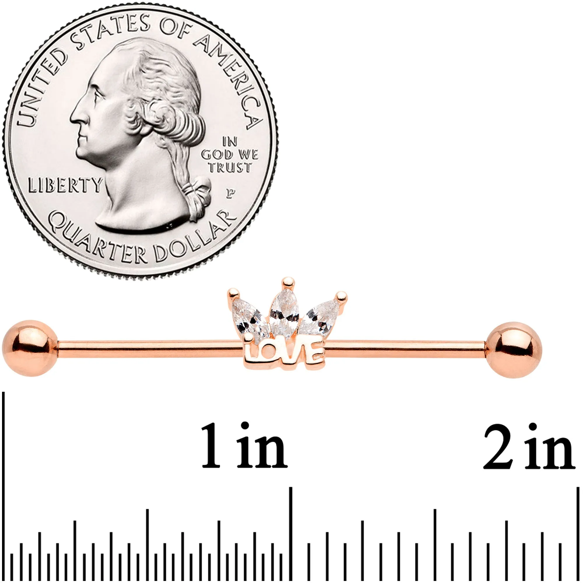 14 Gauge Clear Gem Rose Gold Tone Crown of Love Industrial Barbell 38mm