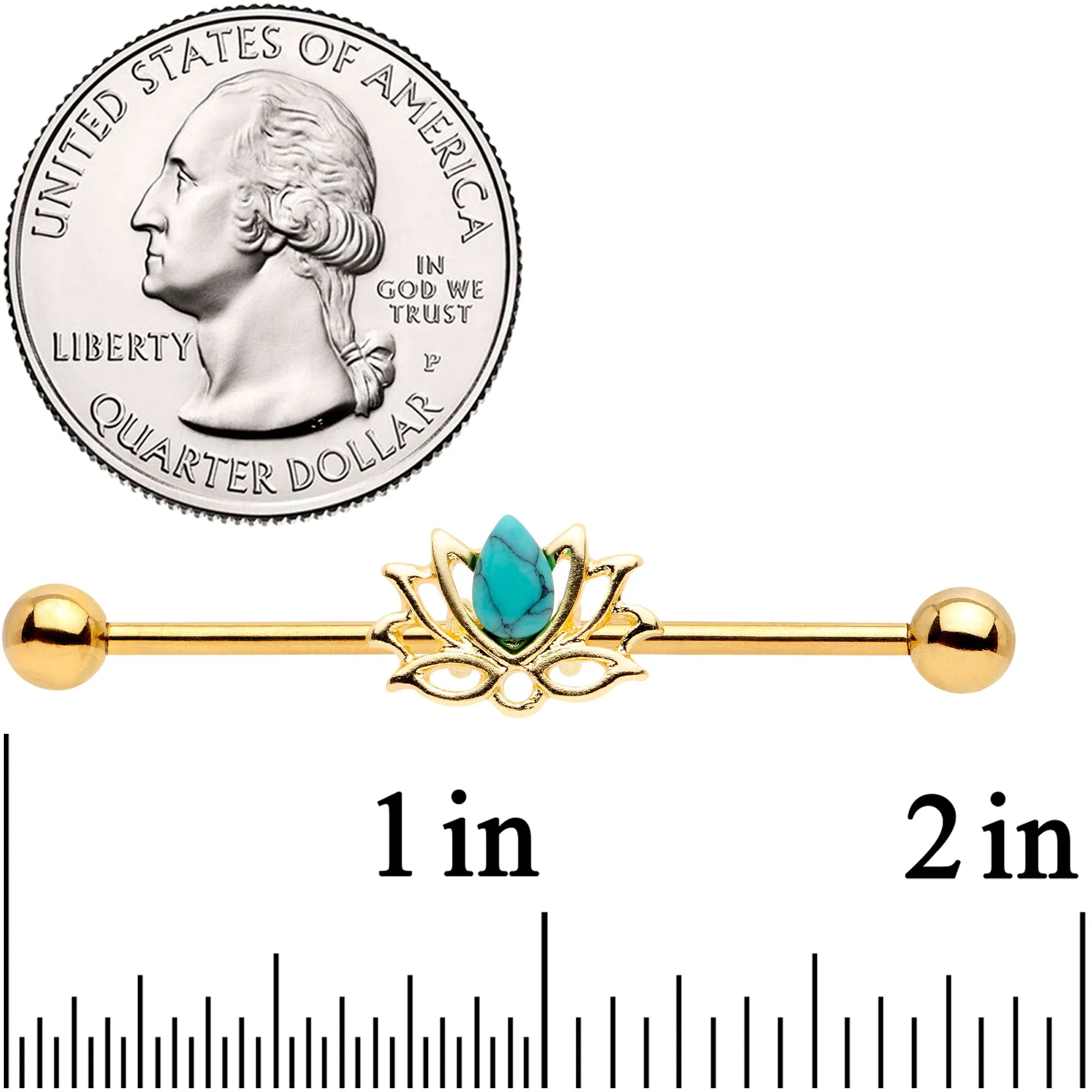 14 Gauge Faux Turquoise Gold Tone Lotus Flower Industrial Barbell 38mm