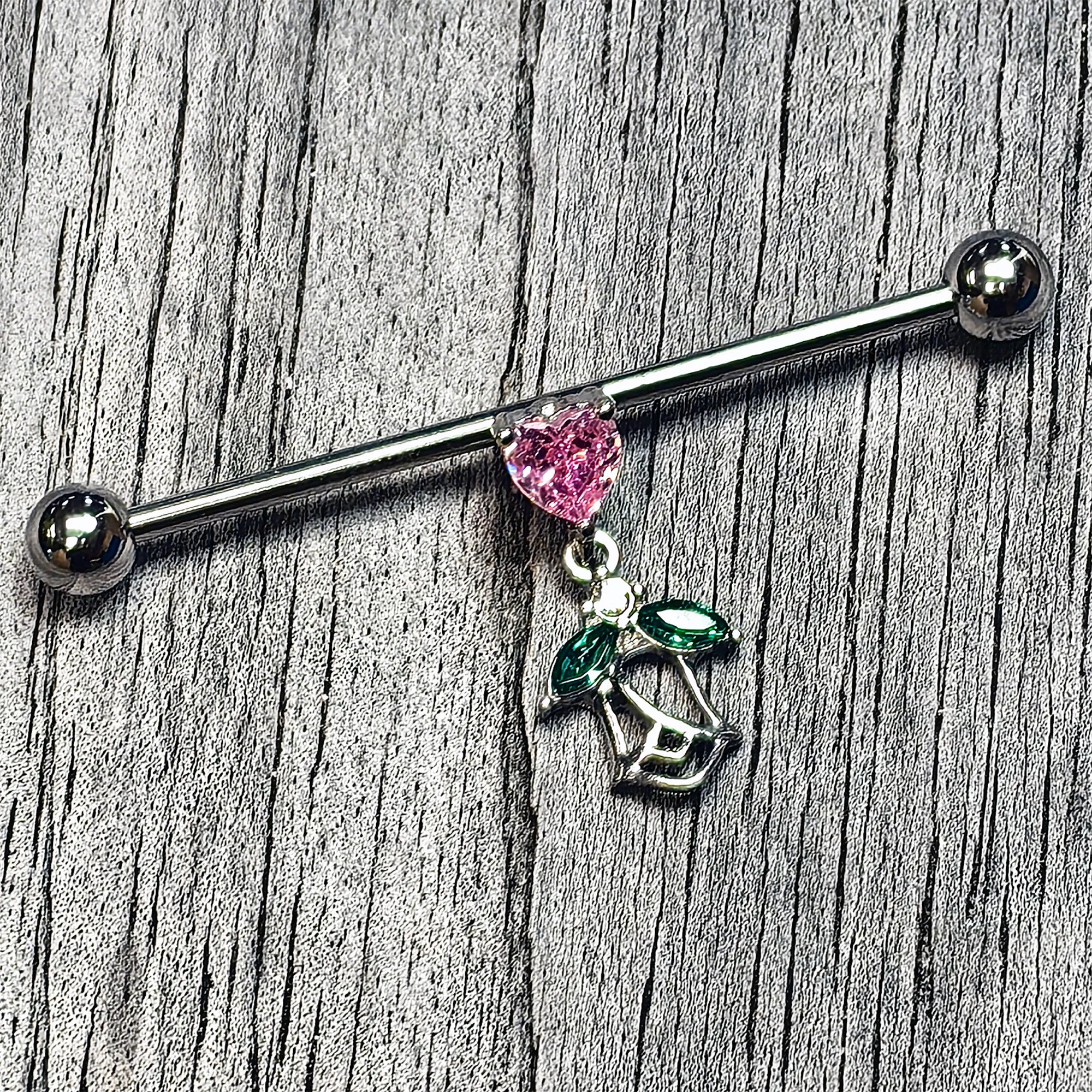14 Gauge Pink Gem Heart And Rose Dangle Industrial Barbell 38mm
