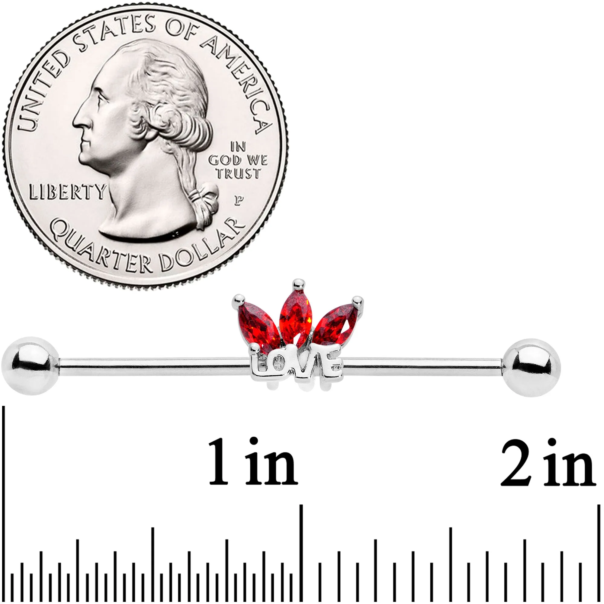 14 Gauge Red Gem Crown of Love Industrial Barbell 38mm