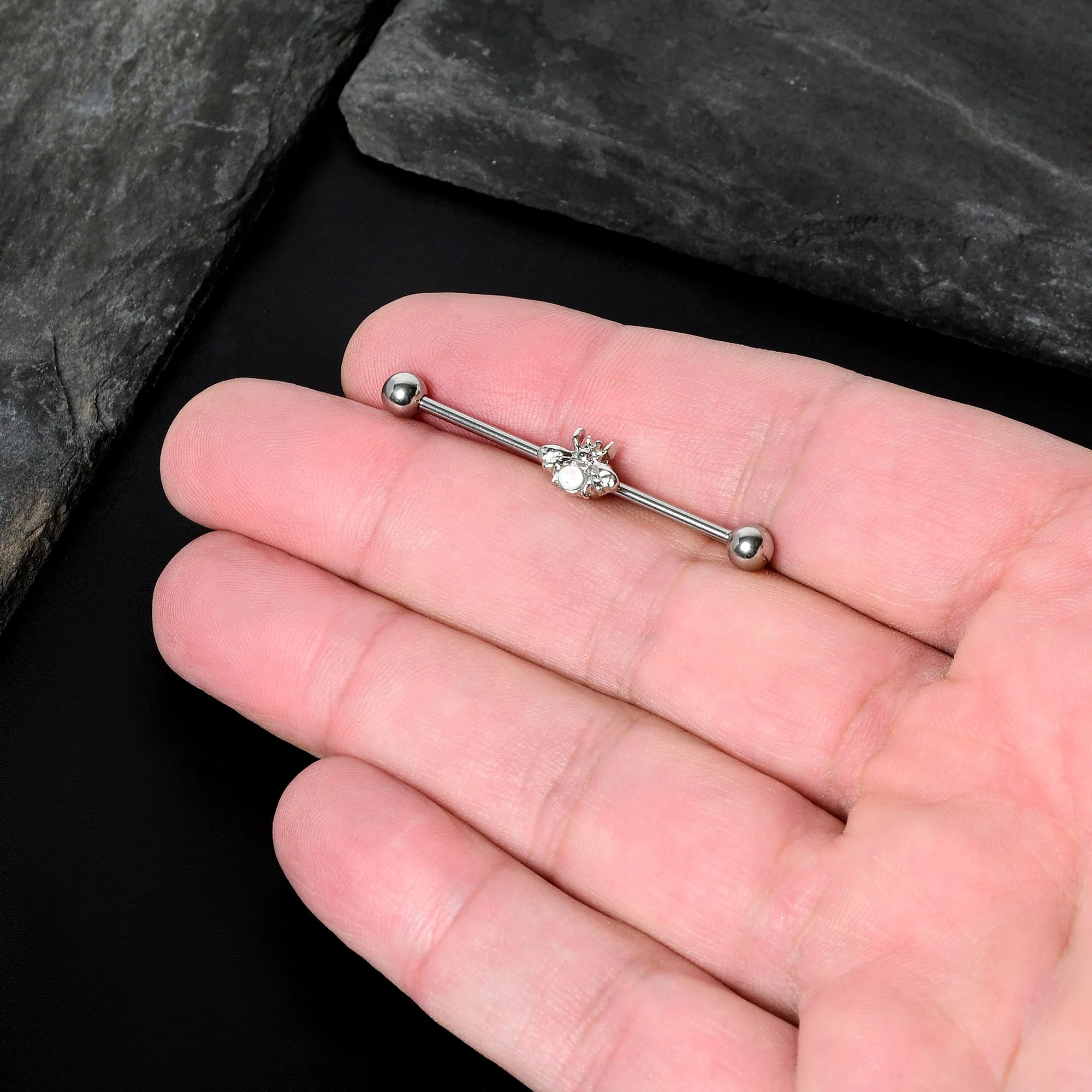 14 Gauge White Faux Opal Bee Beautiful Insect Industrial Barbell 38mm
