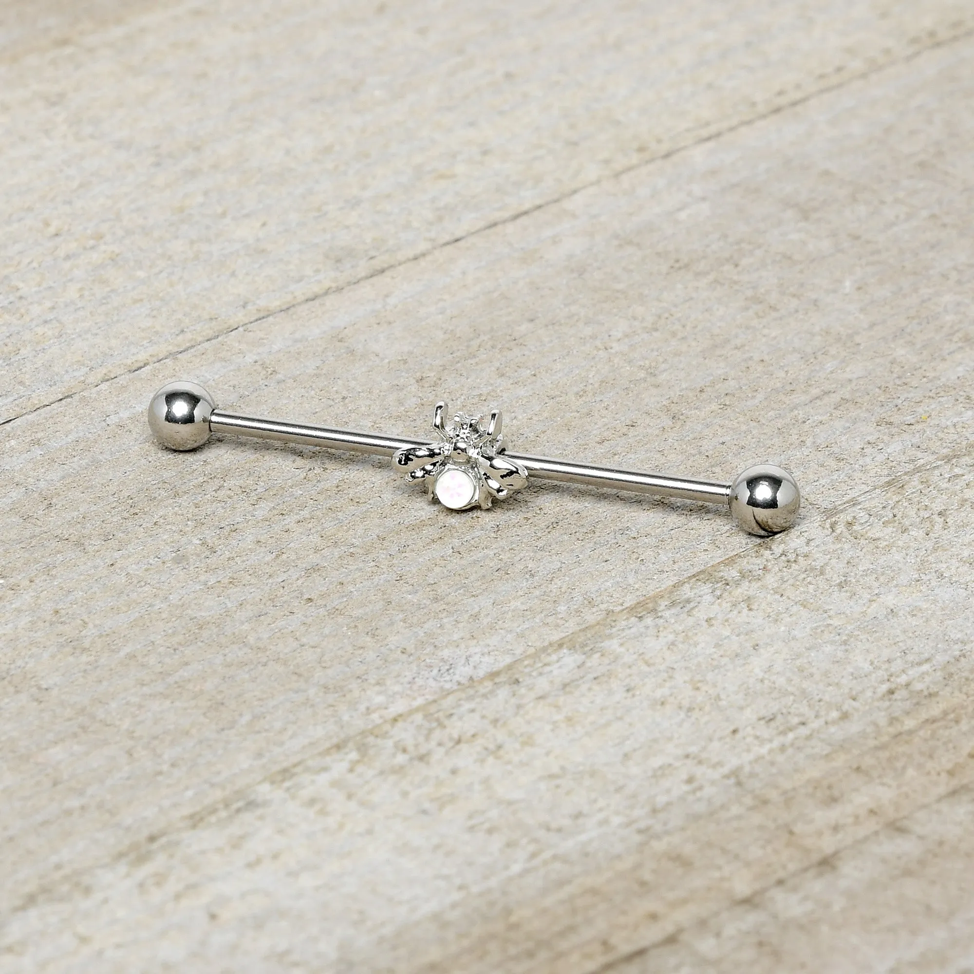 14 Gauge White Faux Opal Bee Beautiful Insect Industrial Barbell 38mm