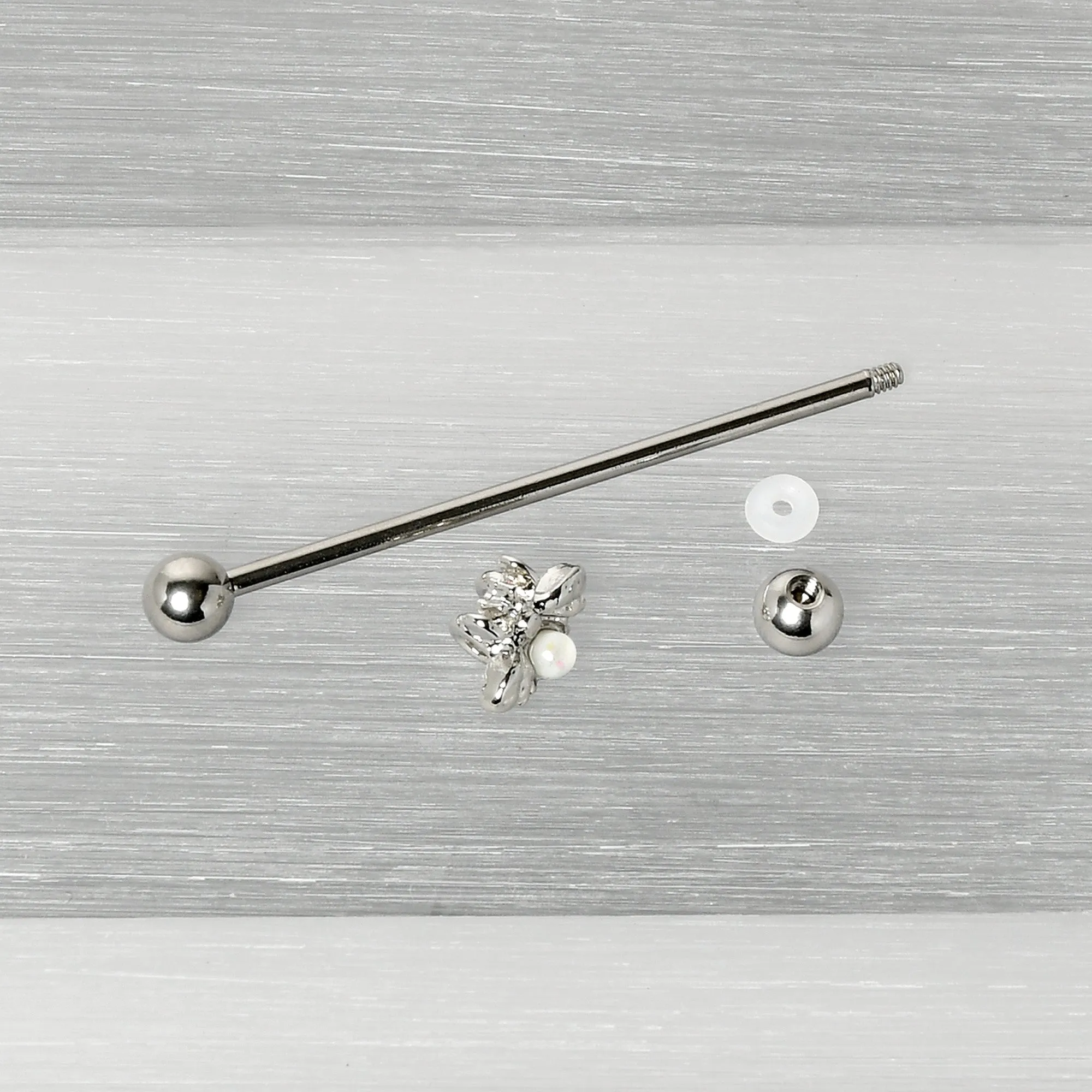 14 Gauge White Faux Opal Bee Beautiful Insect Industrial Barbell 38mm