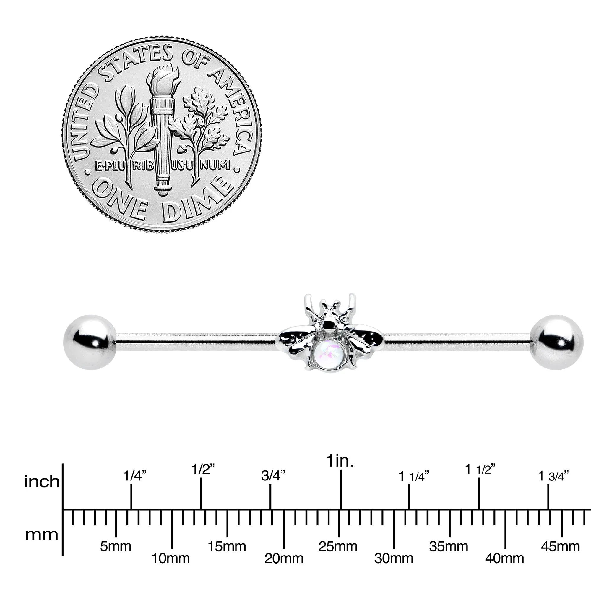 14 Gauge White Faux Opal Bee Beautiful Insect Industrial Barbell 38mm