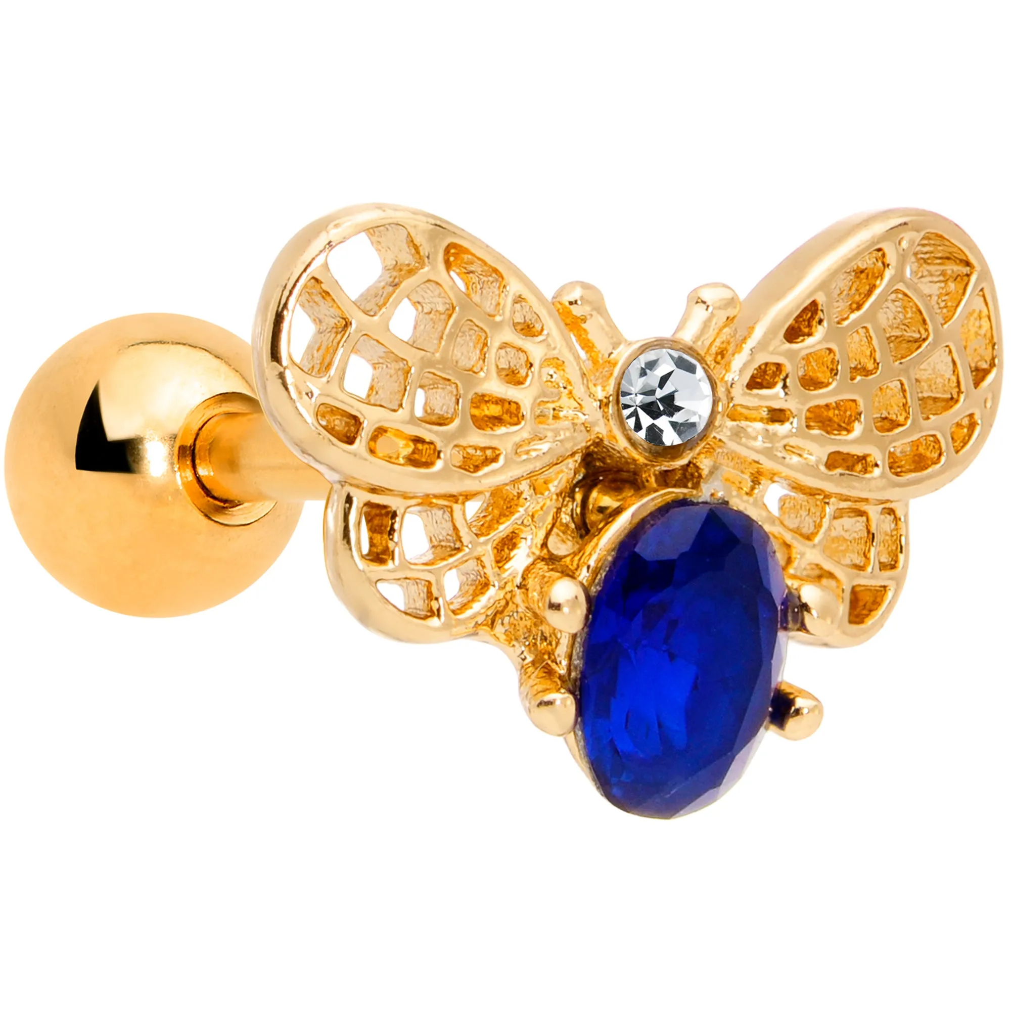16 Gauge 1/4 Blue Gem Gold Tone Beautiful Bee Cartilage Tragus Earring