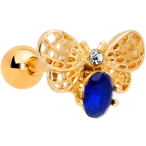 16 Gauge 1/4 Blue Gem Gold Tone Beautiful Bee Cartilage Tragus Earring