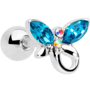 16 Gauge 1/4 Clear Aqua Gem Loop Butterfly Cartilage Tragus Earring