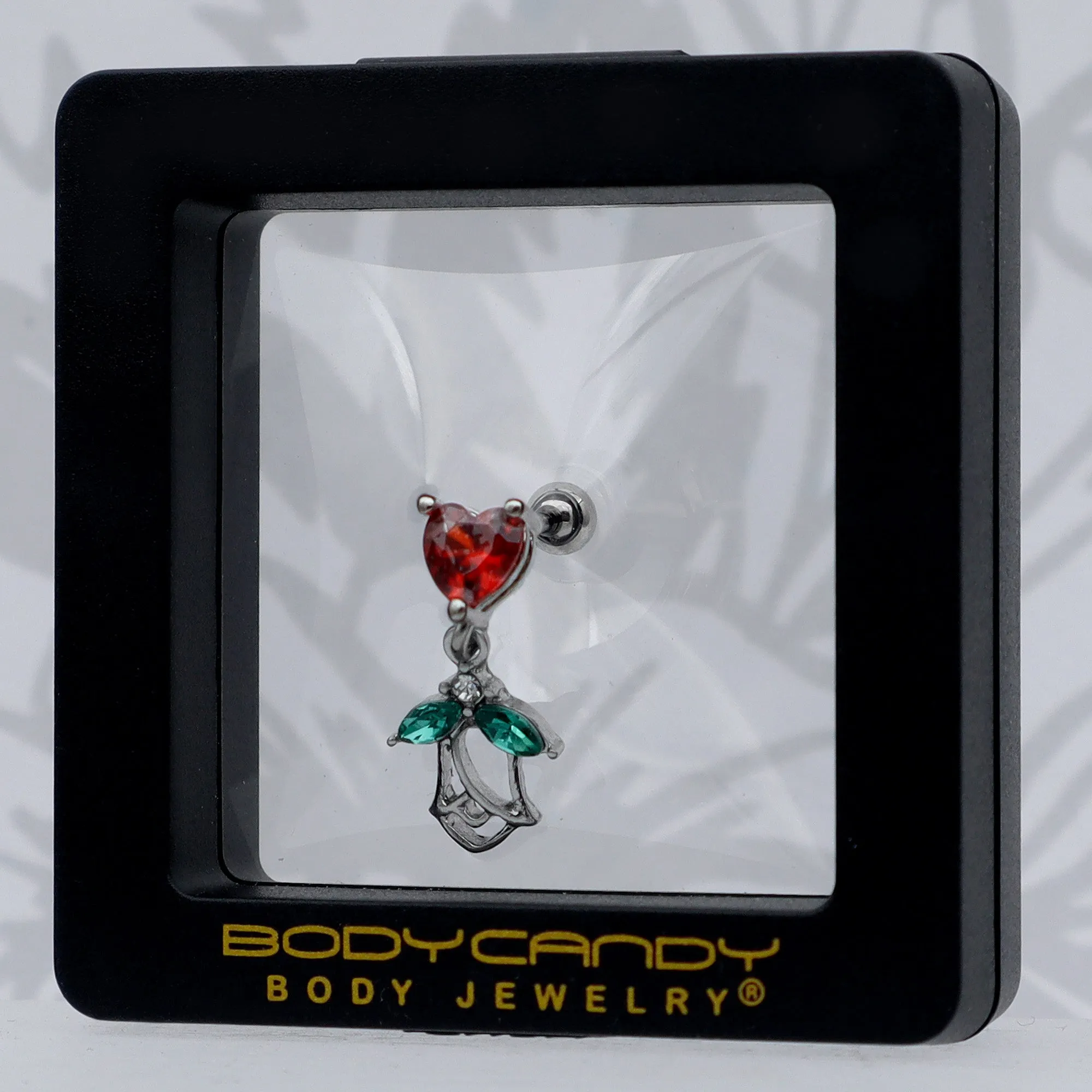 16 Gauge 1/4 Red CZ Gem Heart And Rose Dangle Cartilage Earring