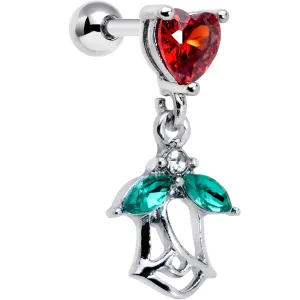 16 Gauge 1/4 Red CZ Gem Heart And Rose Dangle Cartilage Earring