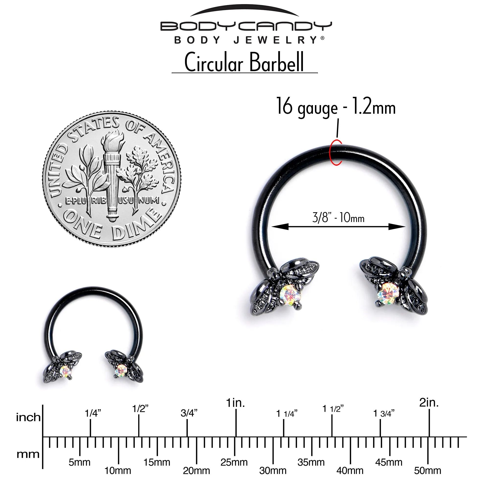 16 Gauge 3/8 Aurora Gem Black Beauty Bug Horseshoe Circular Barbell