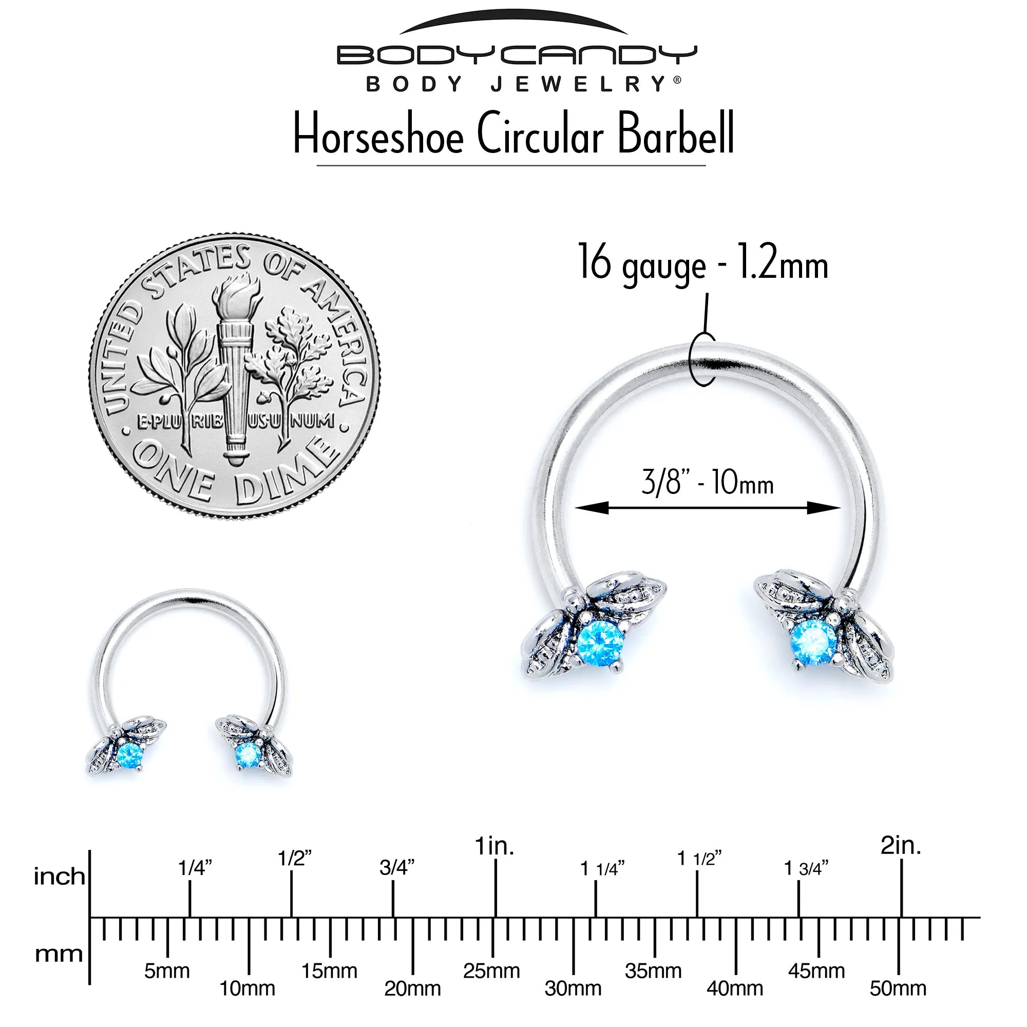 16 Gauge 3/8 Blue Gem Beauty Bug Insect Horseshoe Circular Barbell