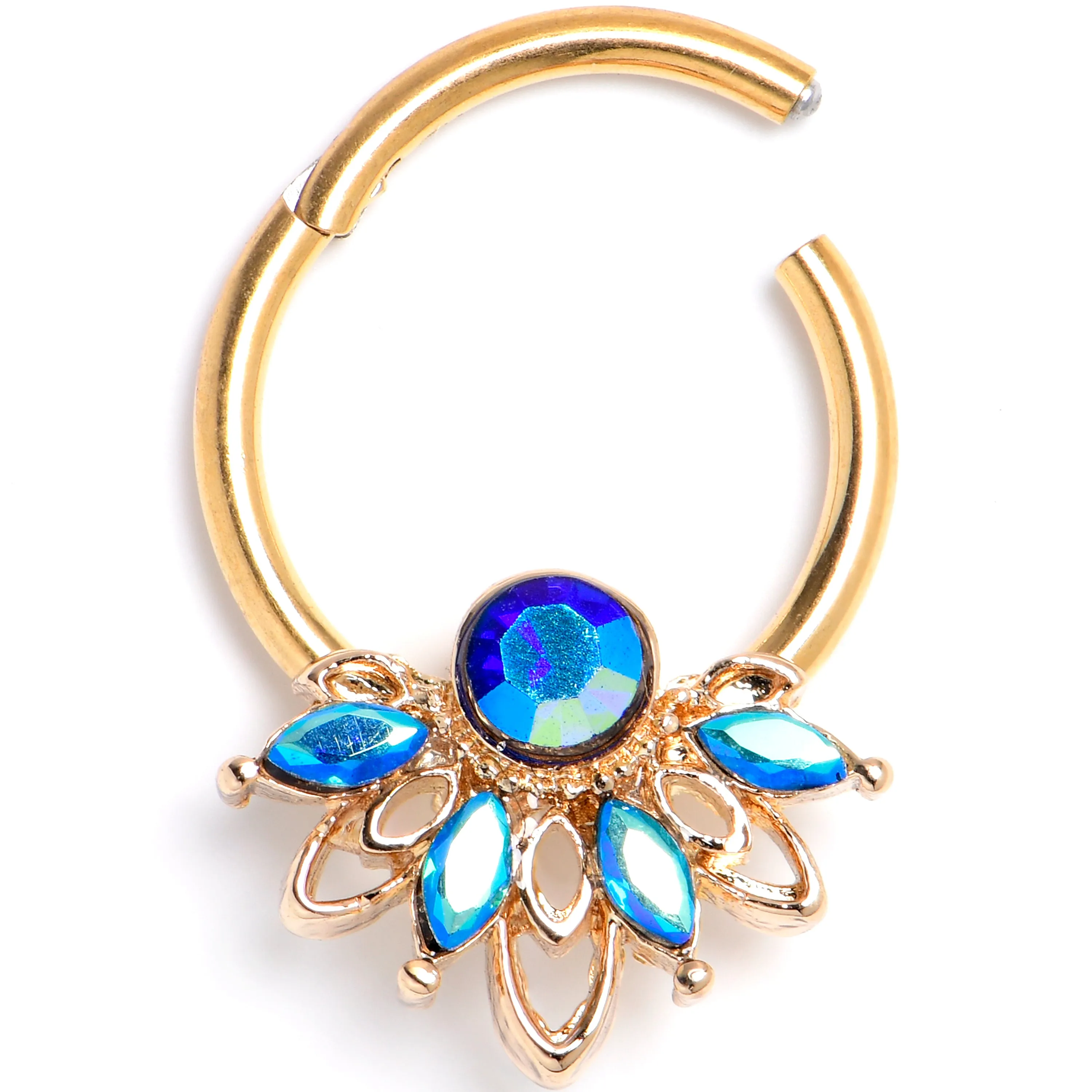 16 Gauge 3/8 Blue Gem Gold Tone Filigree Tiara Hinged Segment Ring