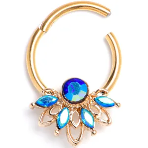 16 Gauge 3/8 Blue Gem Gold Tone Filigree Tiara Hinged Segment Ring