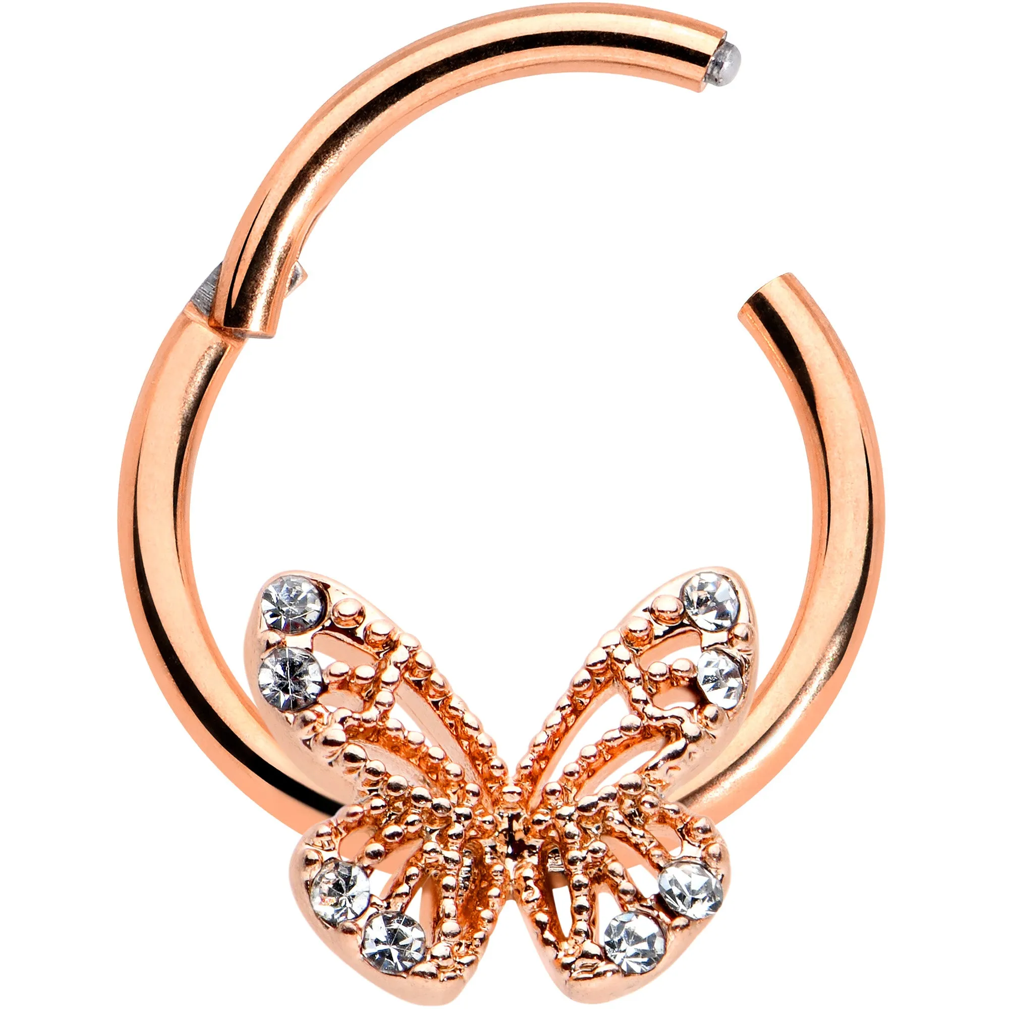 16 Gauge 3/8 Clear Gem Rose Gold Hue Air Butterfly Hinged Segment Ring
