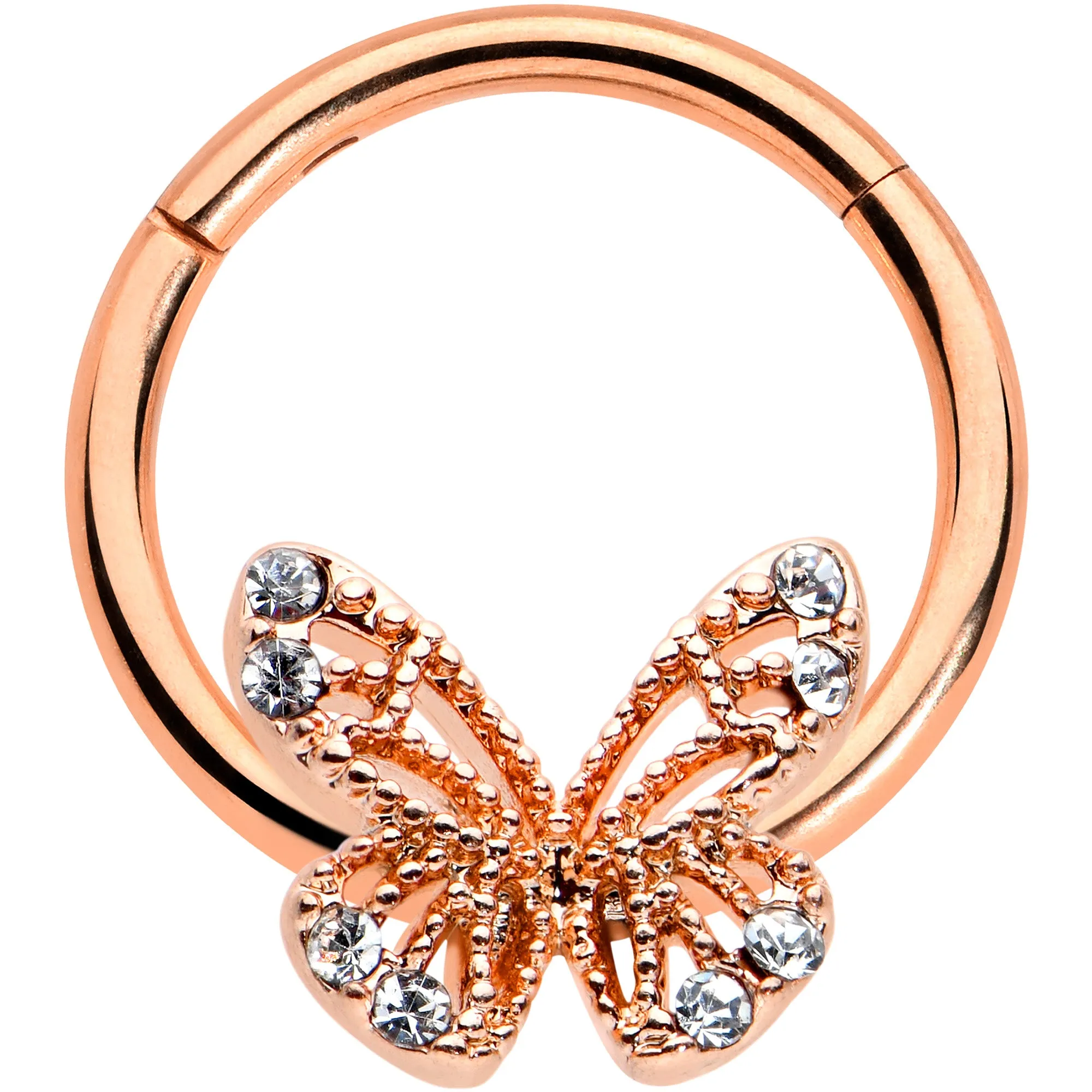 16 Gauge 3/8 Clear Gem Rose Gold Hue Air Butterfly Hinged Segment Ring
