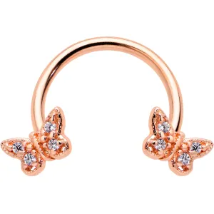 16 Gauge 3/8 Clear Gem Rosy Tone Butterfly Horseshoe Circular Barbell