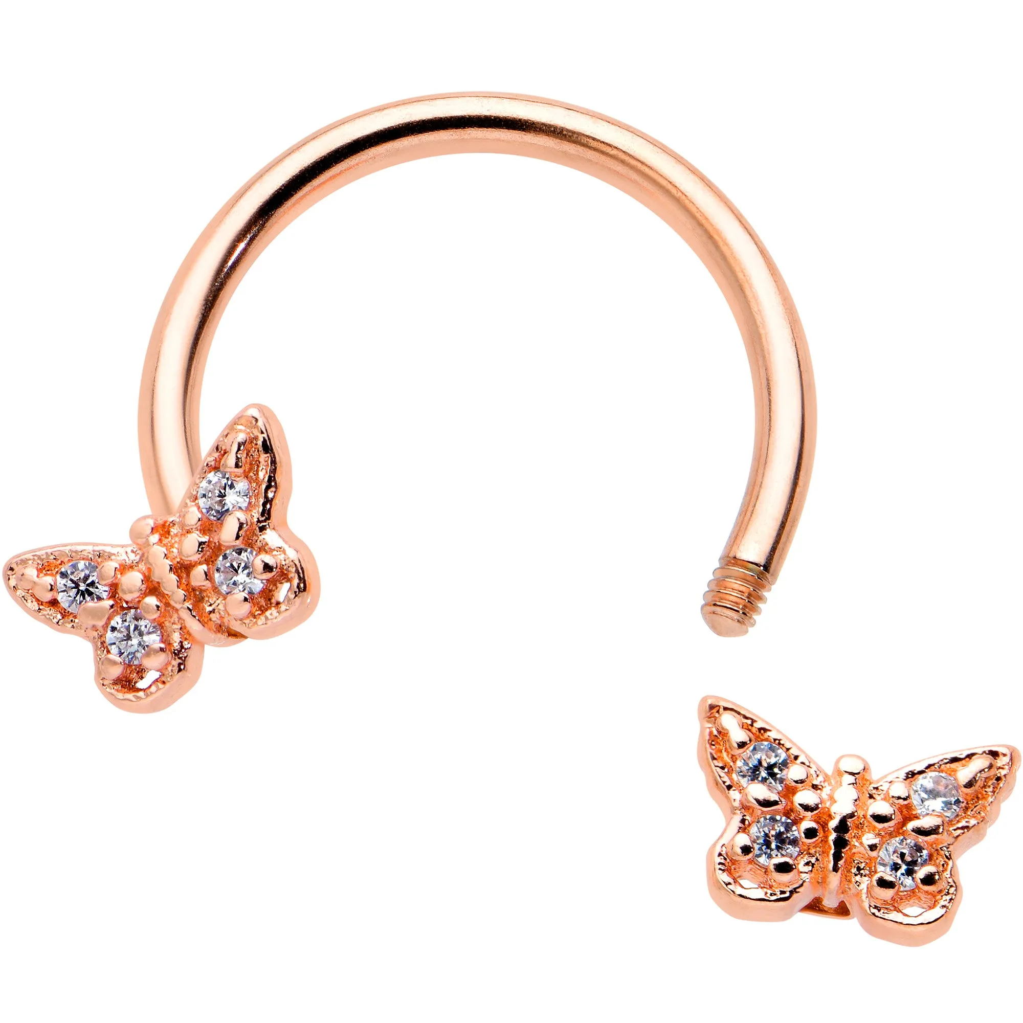 16 Gauge 3/8 Clear Gem Rosy Tone Butterfly Horseshoe Circular Barbell