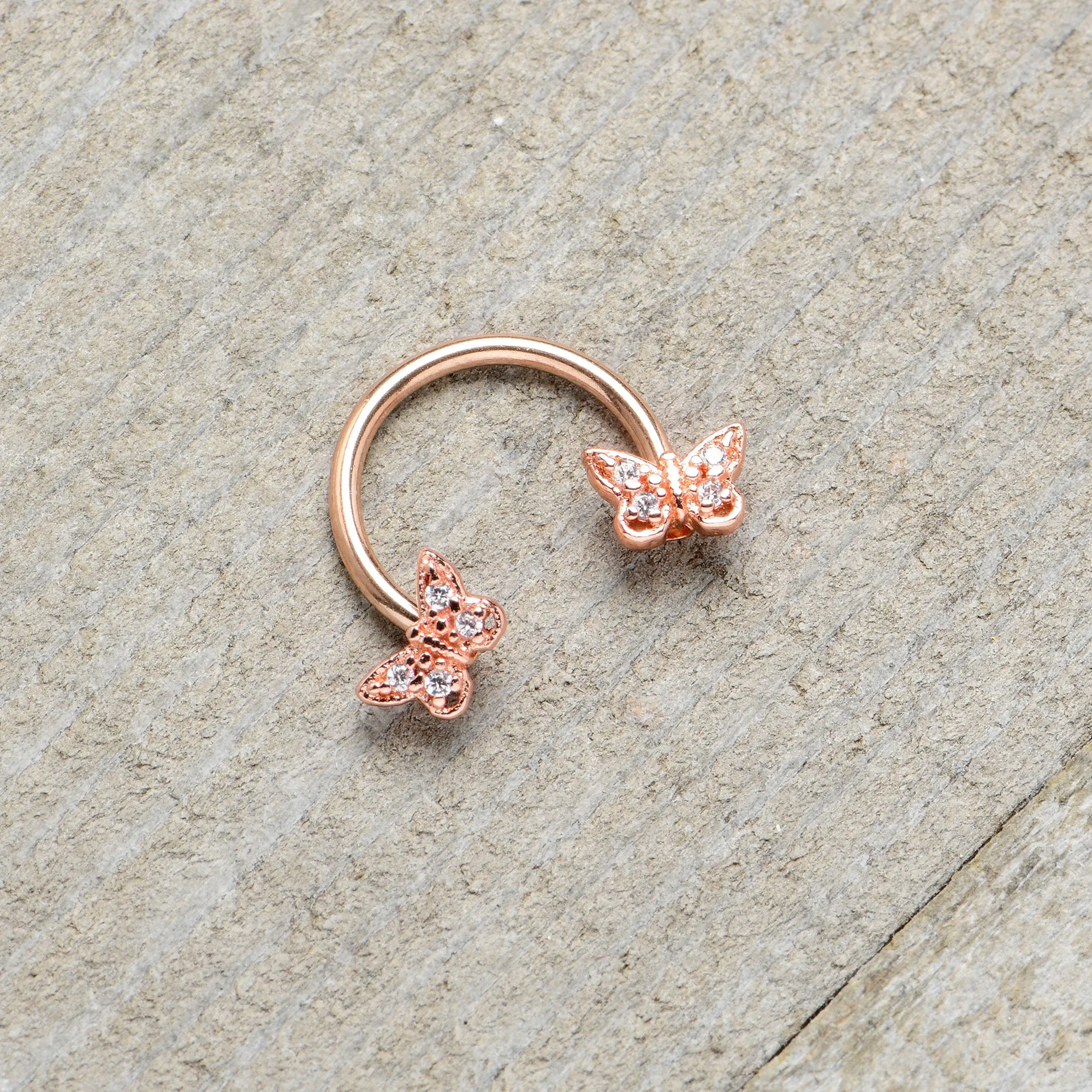 16 Gauge 3/8 Clear Gem Rosy Tone Butterfly Horseshoe Circular Barbell