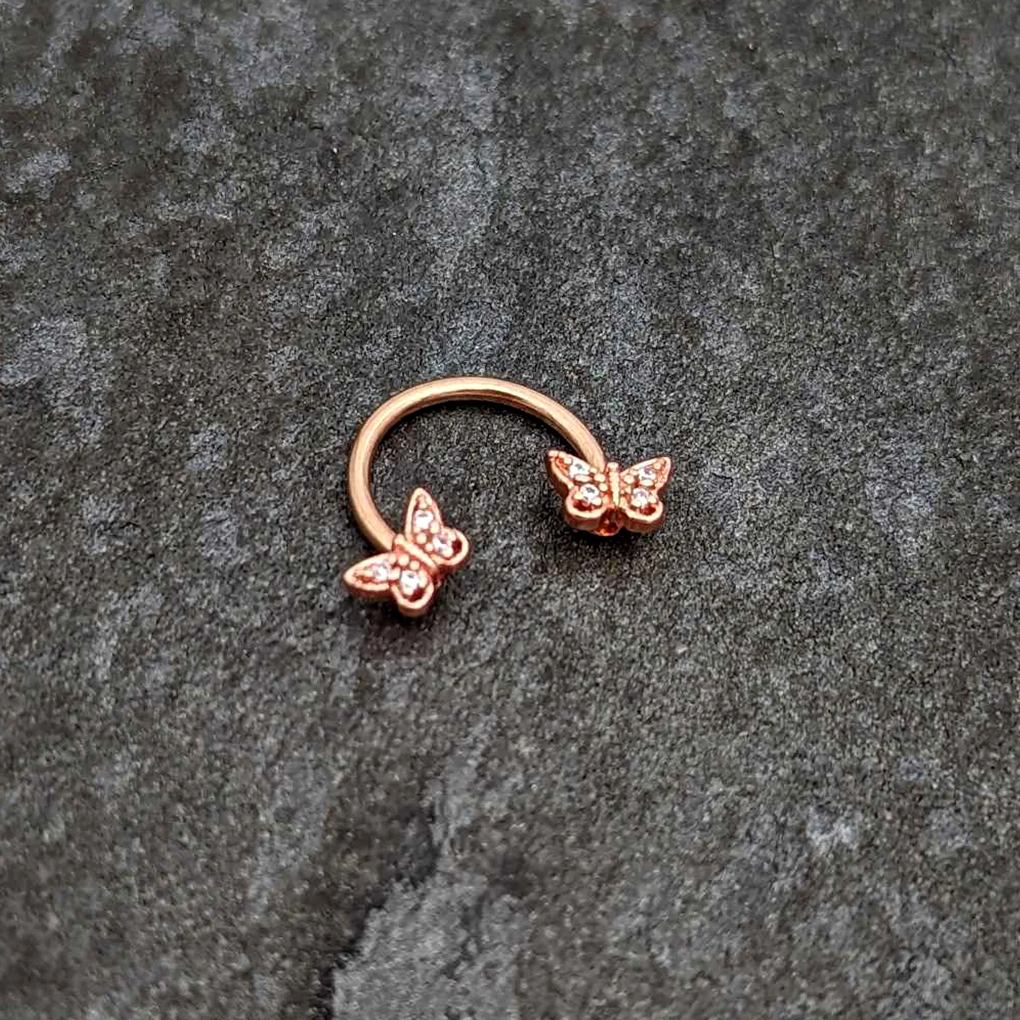 16 Gauge 3/8 Clear Gem Rosy Tone Butterfly Horseshoe Circular Barbell