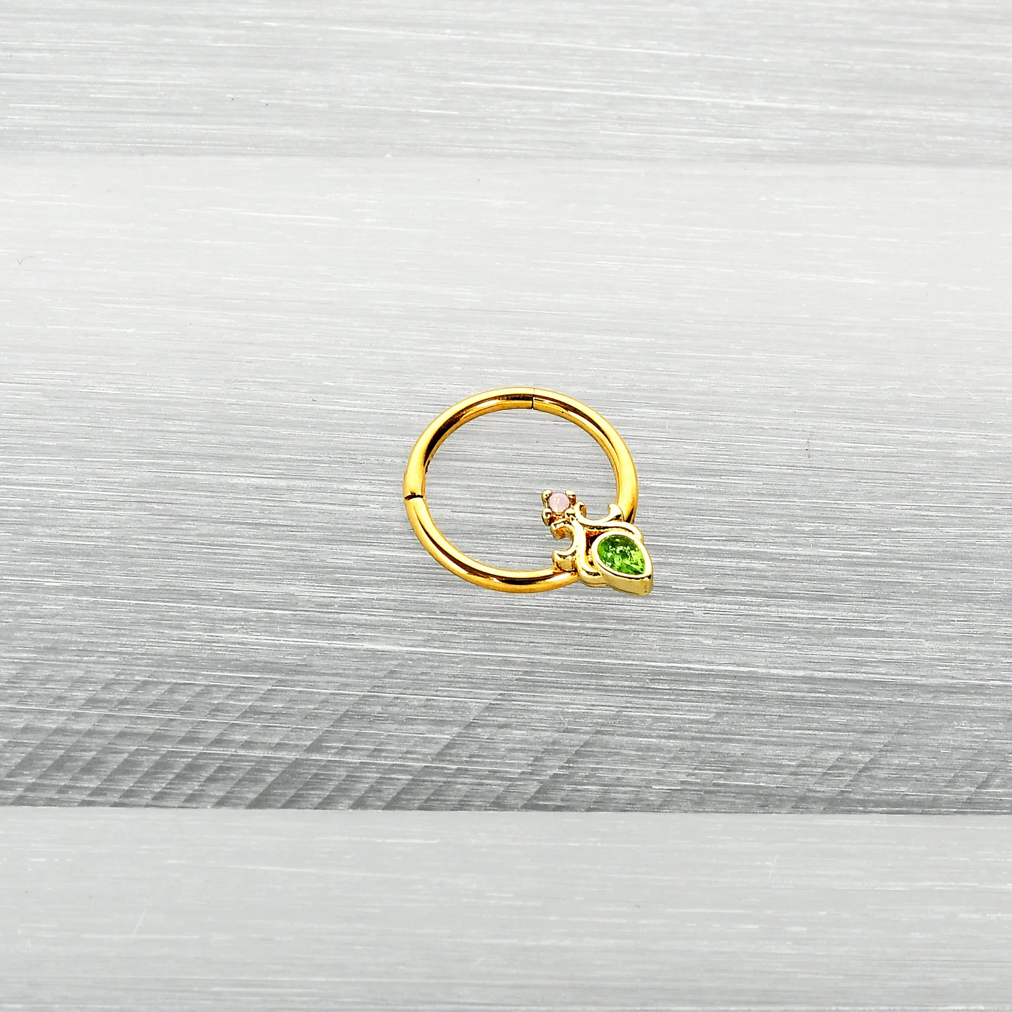 16 Gauge 3/8 Green Gem Gold Tone Shades of Spring Hinged Segment Ring