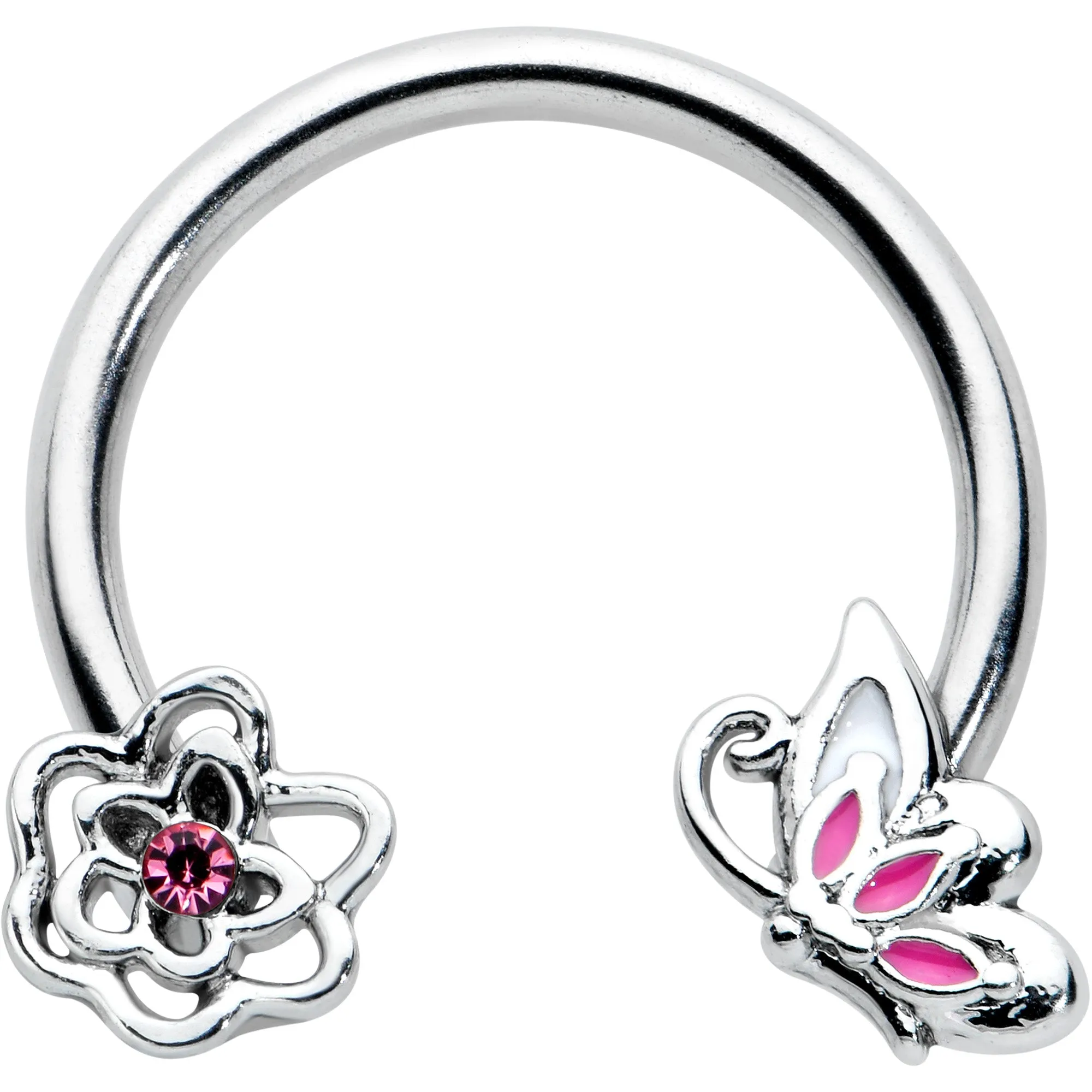 16 Gauge 3/8 Pink Butterfly Pink Gem Flower Horseshoe Circular Barbell
