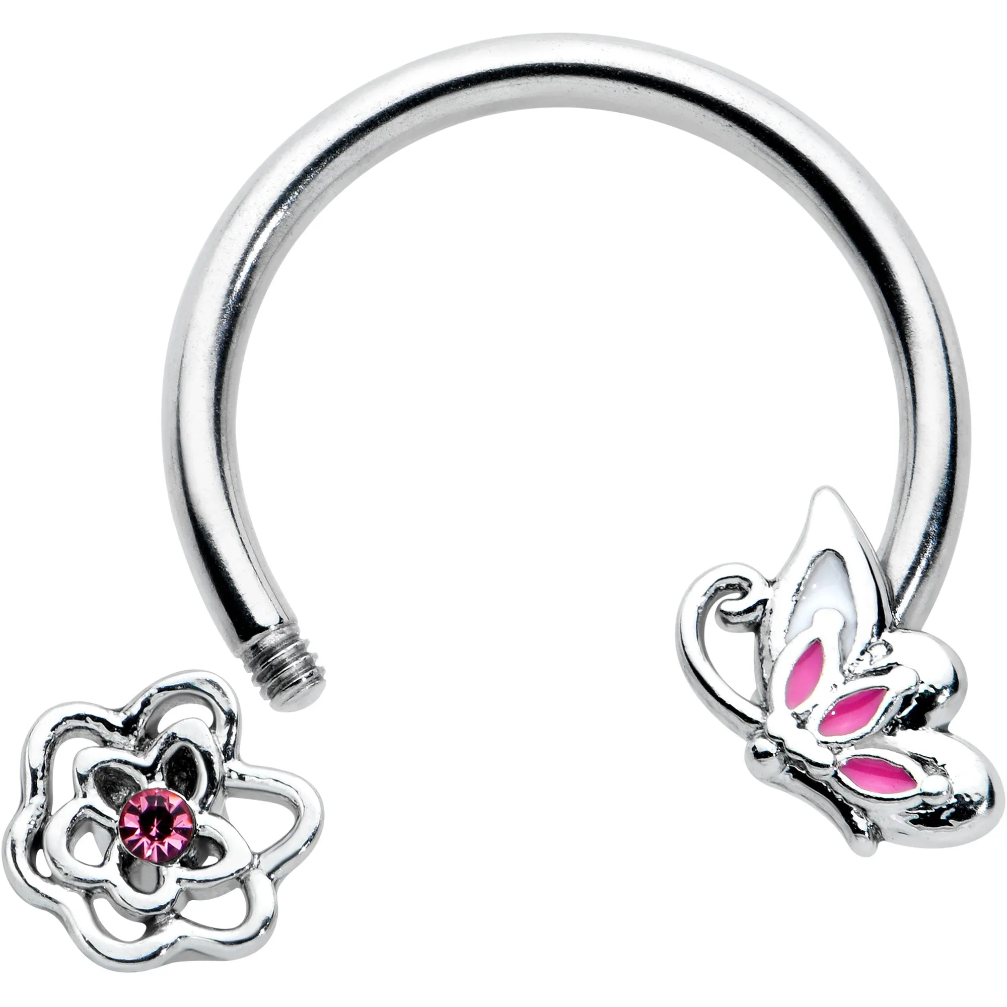 16 Gauge 3/8 Pink Butterfly Pink Gem Flower Horseshoe Circular Barbell