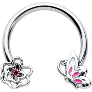 16 Gauge 3/8 Pink Butterfly Pink Gem Flower Horseshoe Circular Barbell
