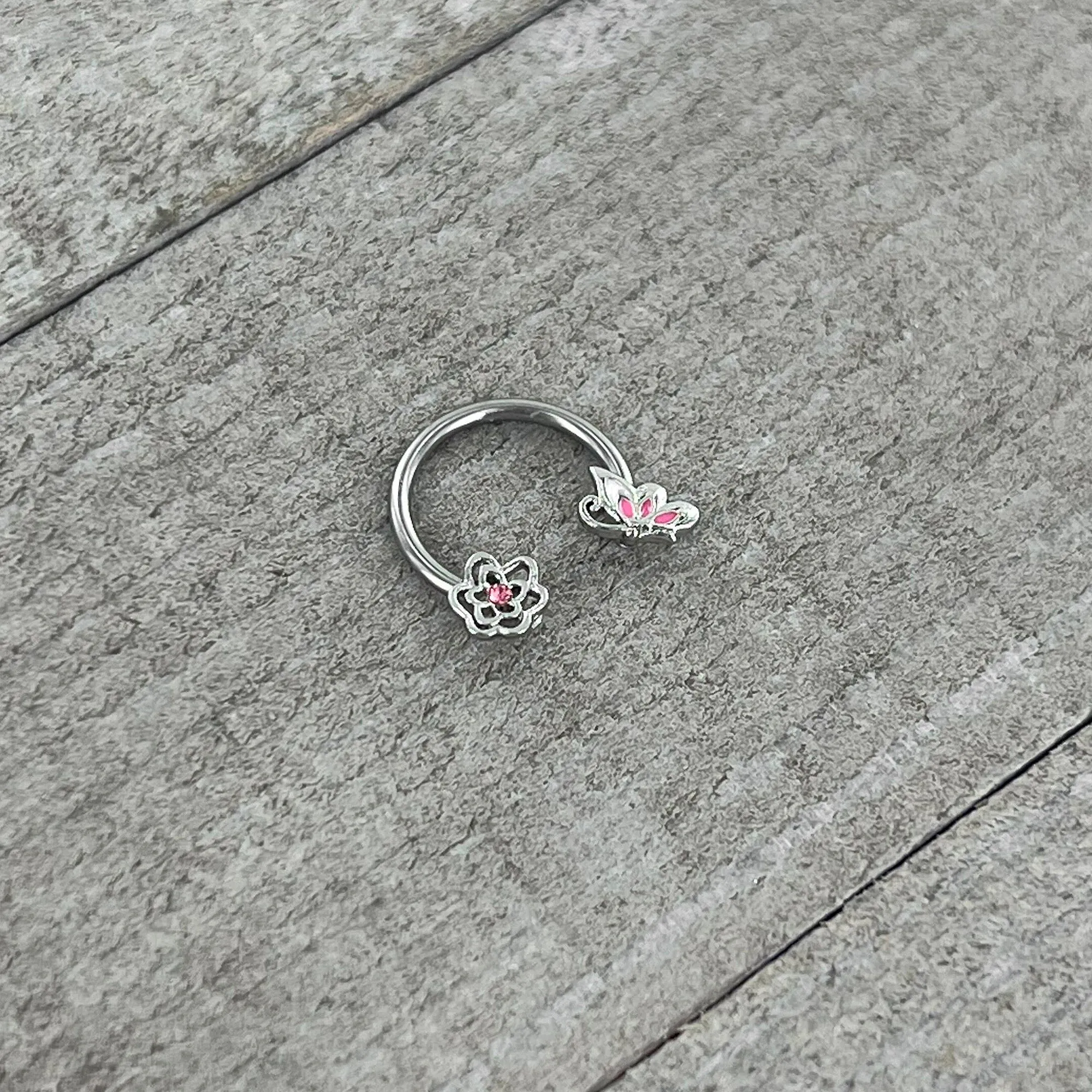 16 Gauge 3/8 Pink Butterfly Pink Gem Flower Horseshoe Circular Barbell