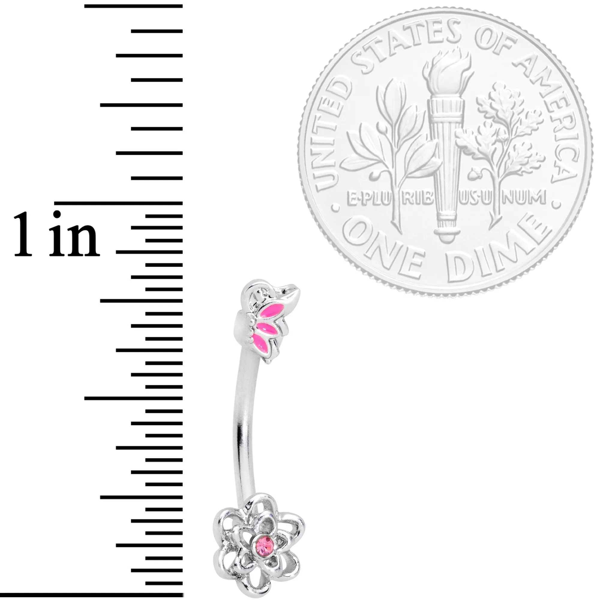 16 Gauge 3/8 Pink Gem Butterfly Loopy Flower Curved Eyebrow Ring