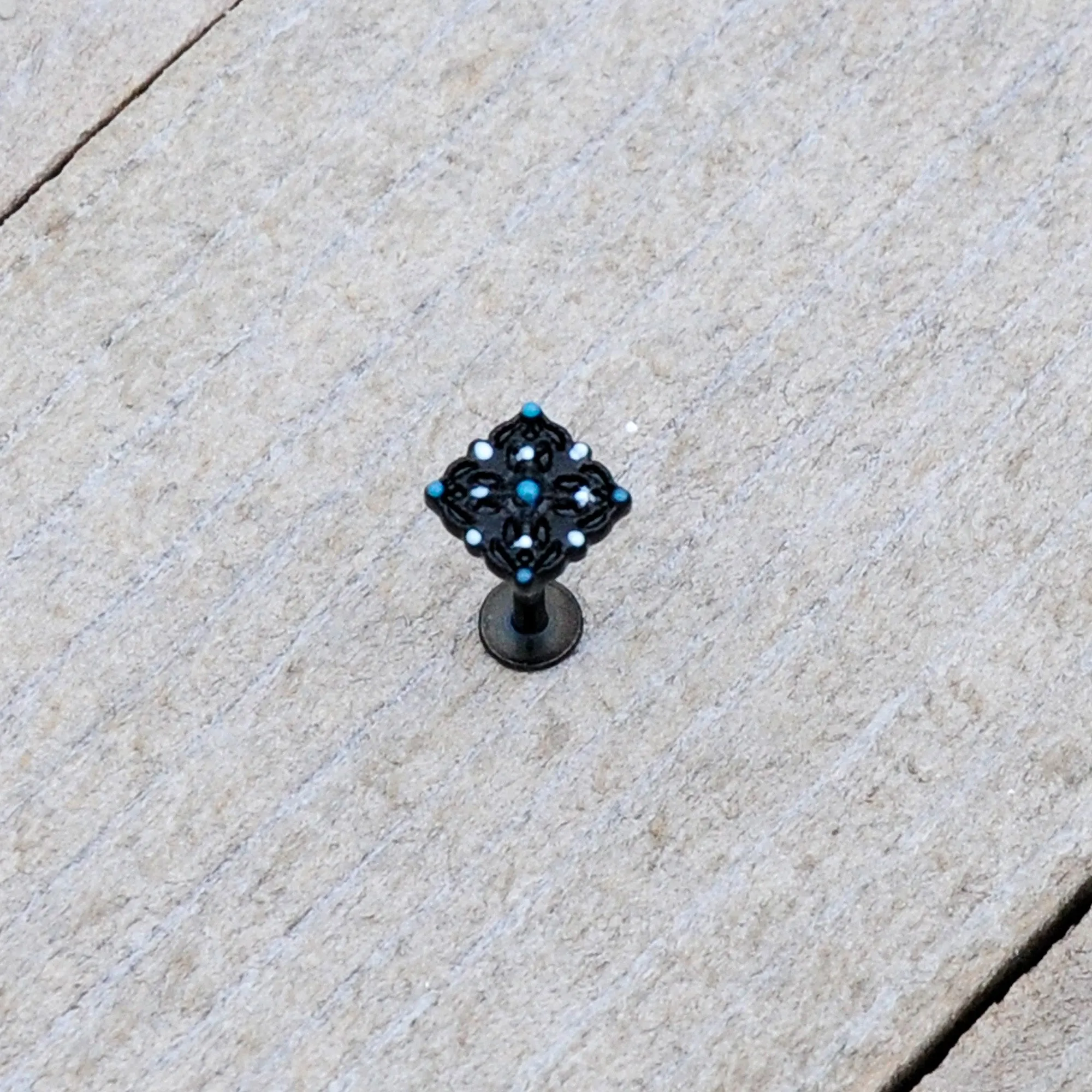 16 Gauge 5/16 Black Lacy Rhombus Blue Labret Monroe Tragus