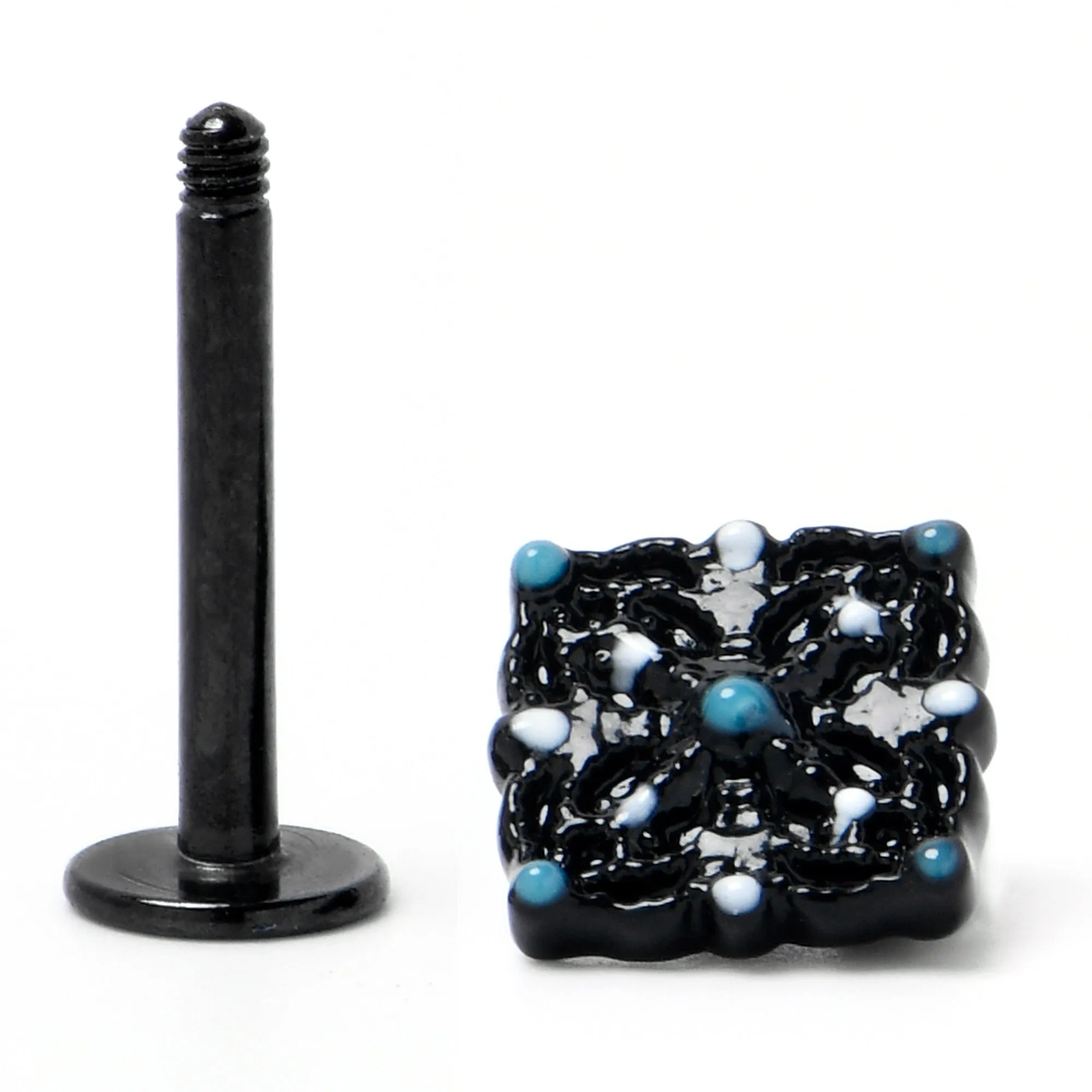 16 Gauge 5/16 Black Lacy Rhombus Blue Labret Monroe Tragus