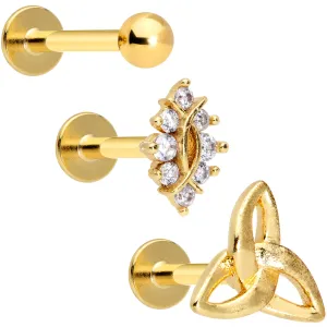 16 Gauge 5/16 Clear CZ Gem Gold Tone Triquetra Labret Tragus Set of 3
