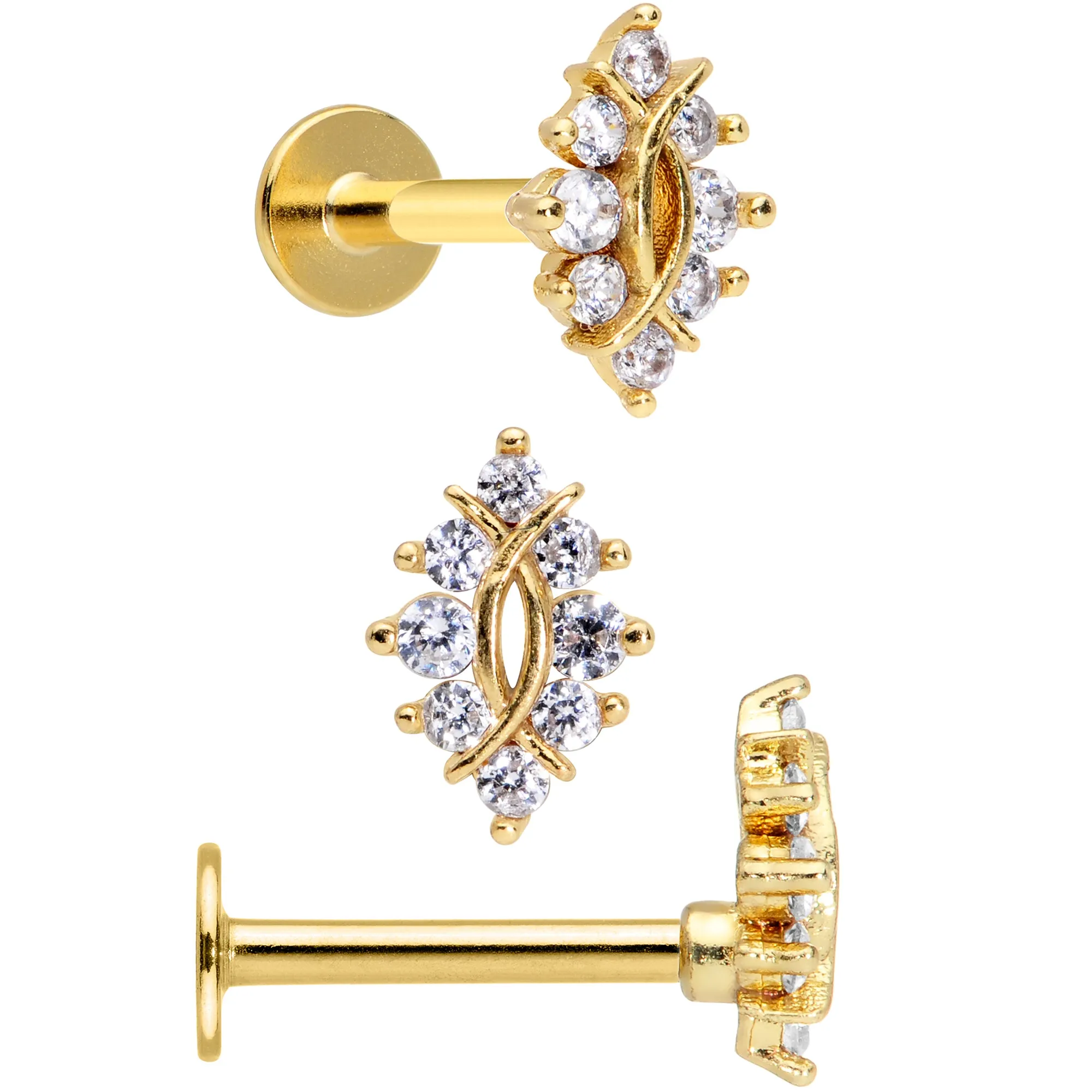 16 Gauge 5/16 Clear CZ Gem Gold Tone Triquetra Labret Tragus Set of 3