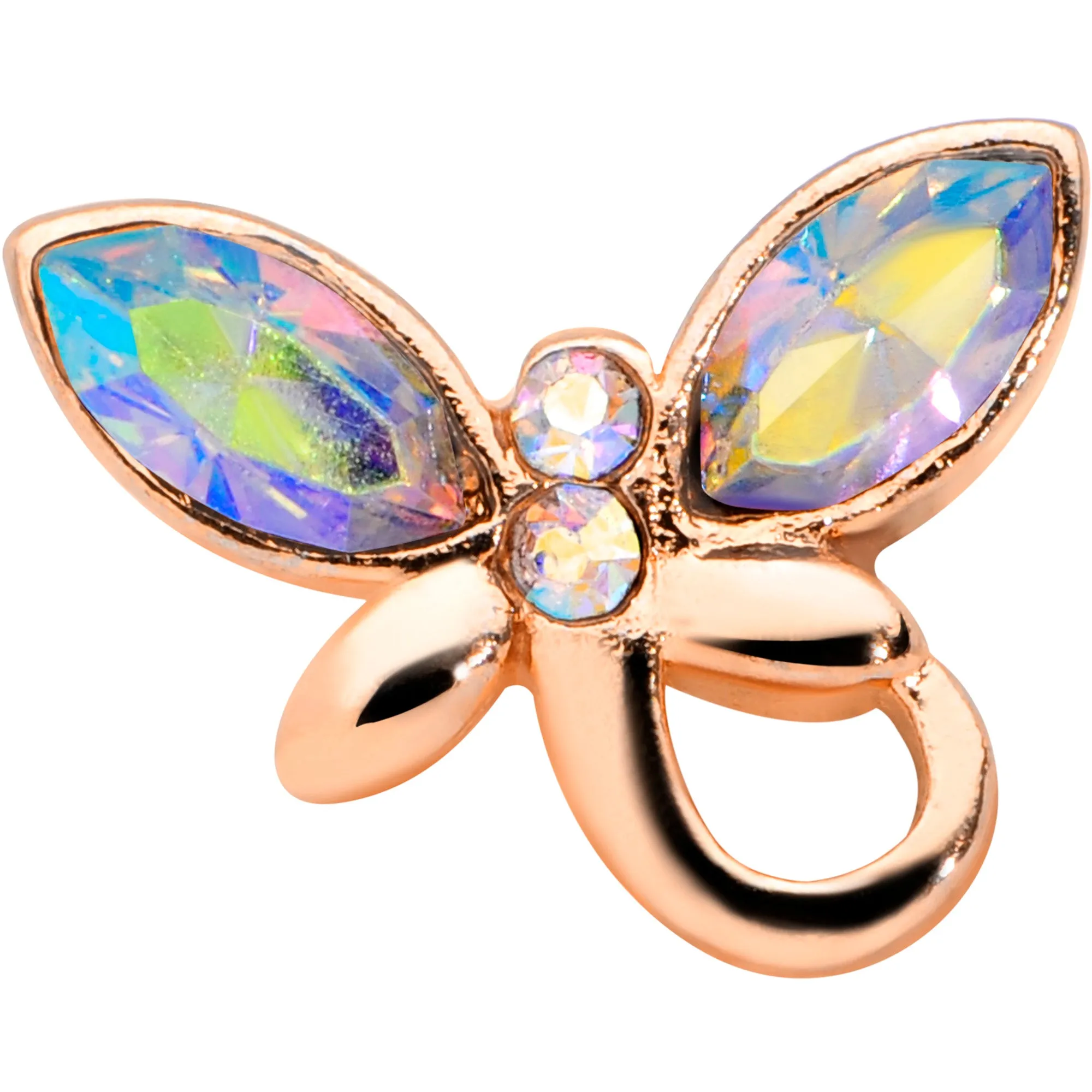 18 Gauge 3/8 Aurora Gem Rose Gold Tone Loop Butterfly Nose Hoop