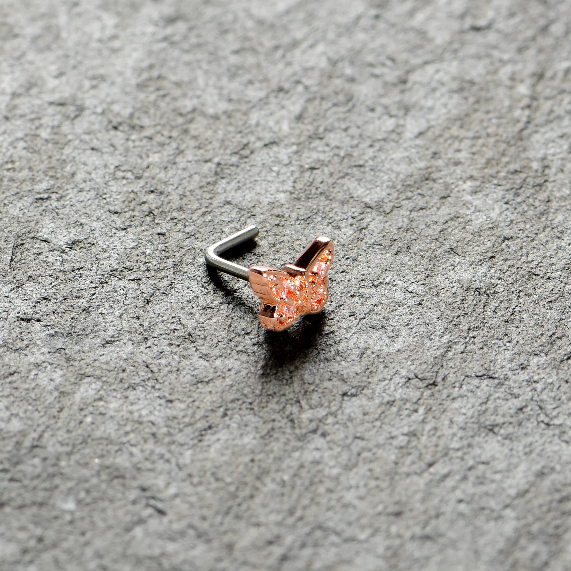 20 Gauge 7mm Clear Gem Baroque Rosy Butterfly L Shape Nose Ring