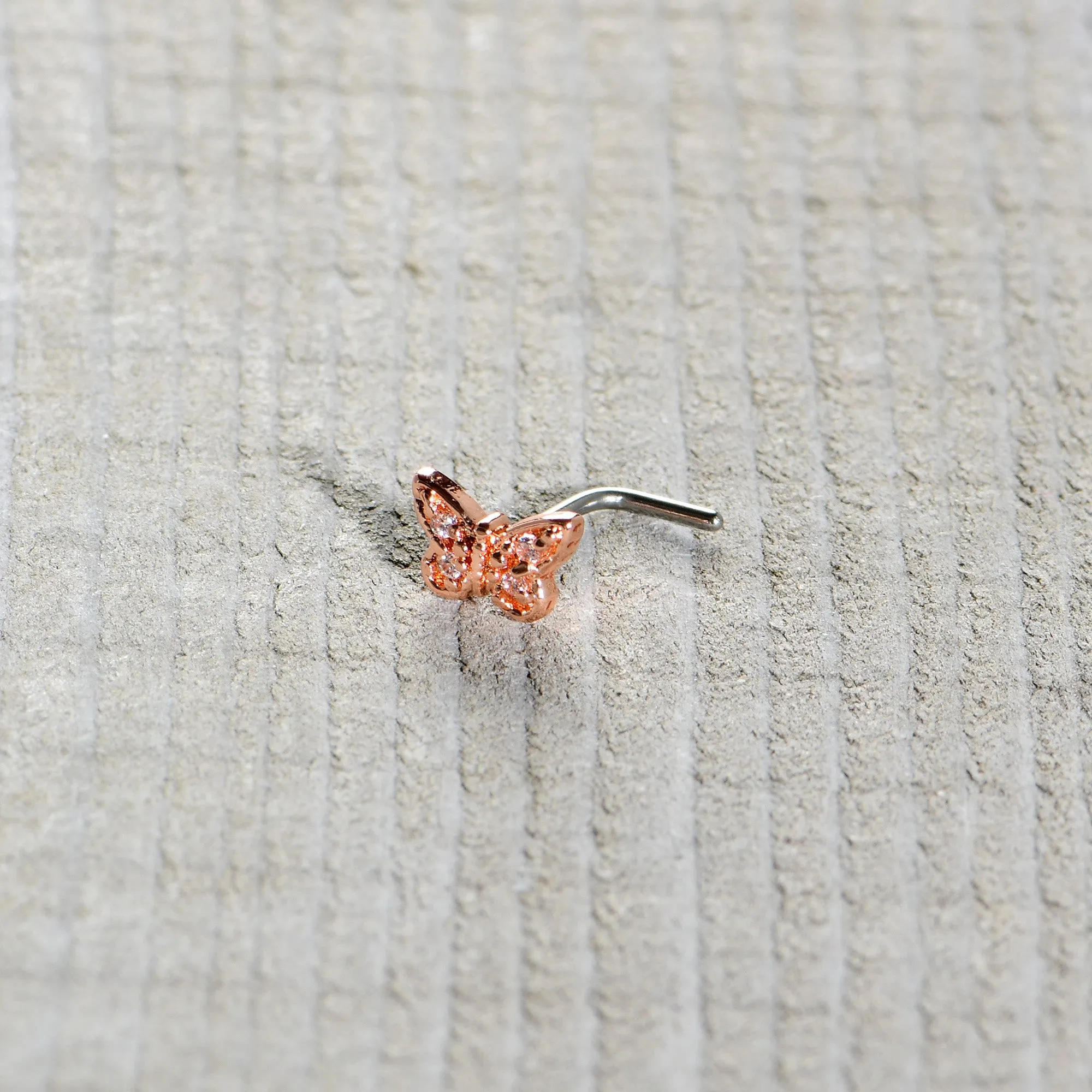 20 Gauge 7mm Clear Gem Baroque Rosy Butterfly L Shape Nose Ring
