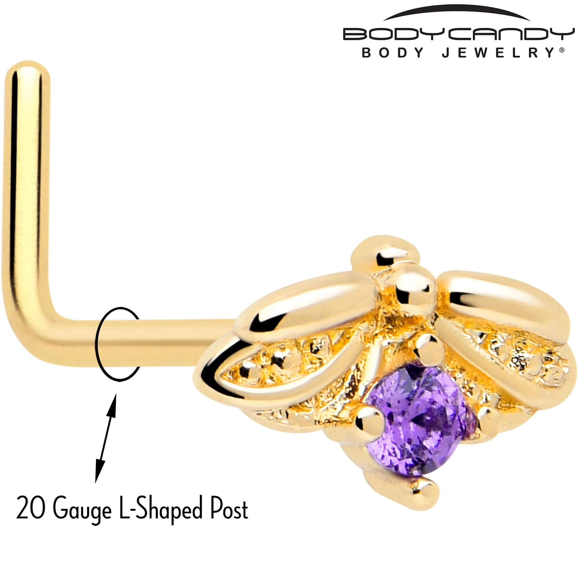 20 Gauge 7mm Purple Gem Gold Tone Beauty Bug L Shape Nose Ring