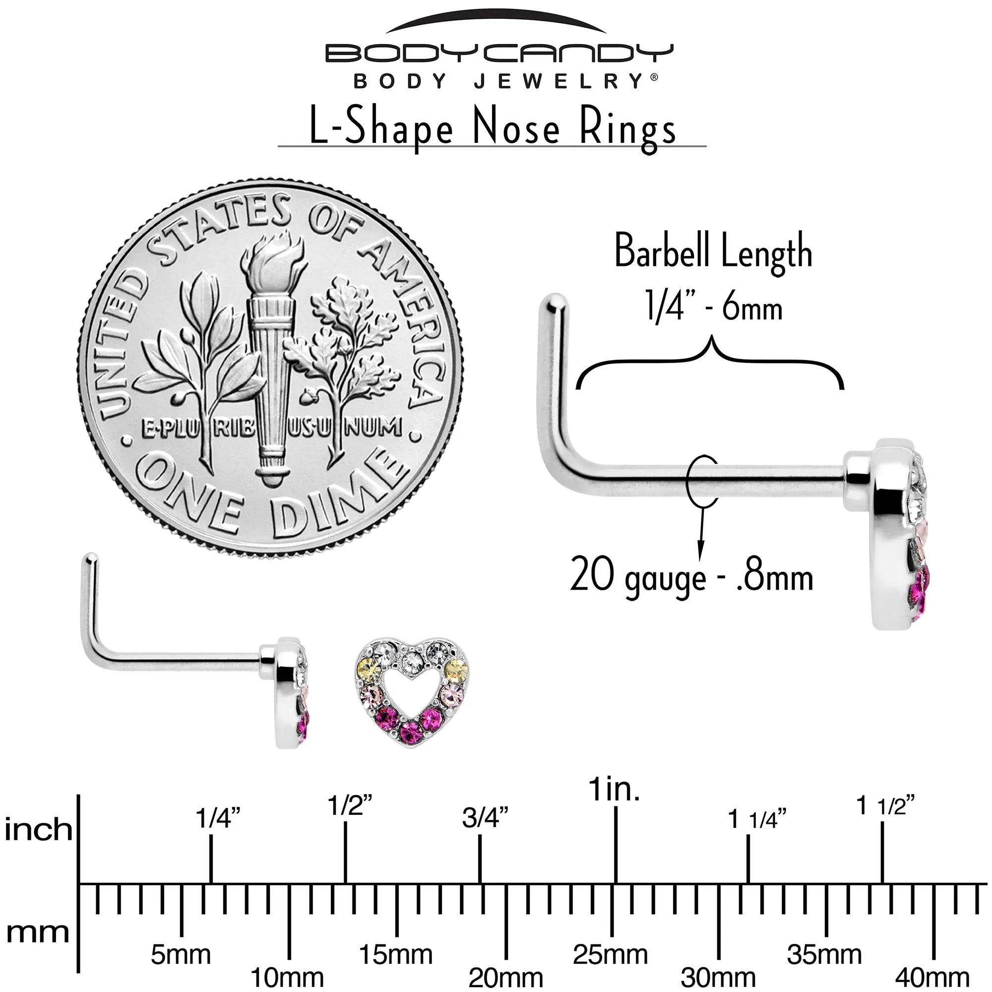 20 Gauge Romance Gem Open Heart L Shape Nose Ring