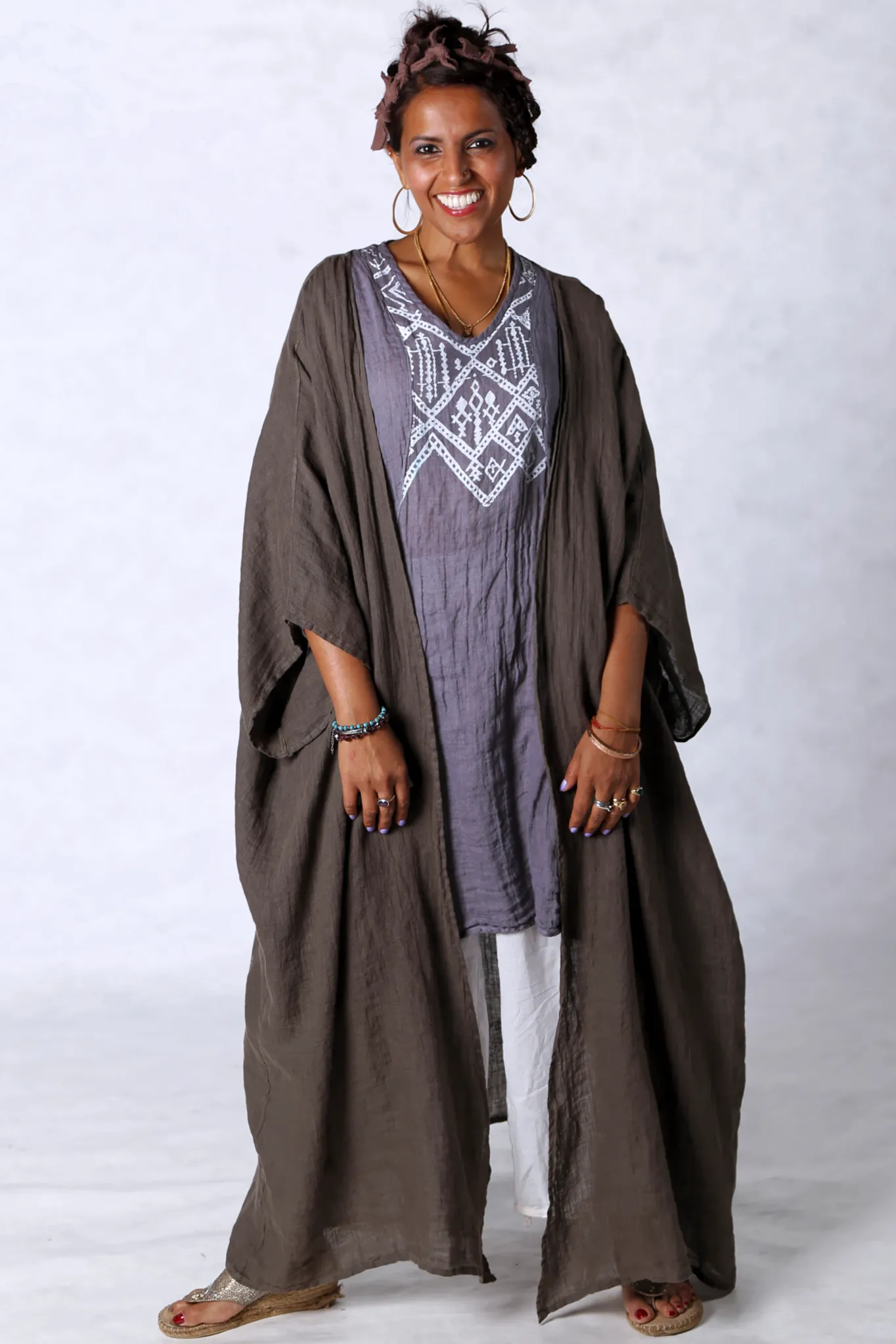 5267 Long Kimono Duster Bark Delicate Lace All Over Hand Print-P