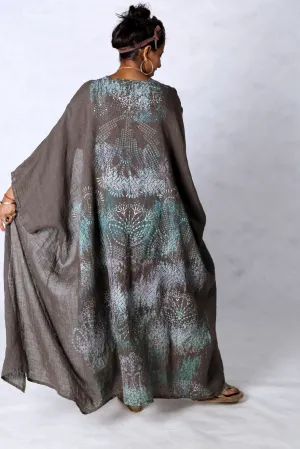 5267 Long Kimono Duster Bark Delicate Lace All Over Hand Print-P