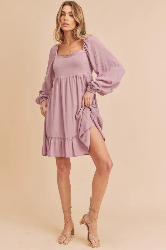 Aemi   Co Taya Squared Neck Long Sleeve Ruffle Dress