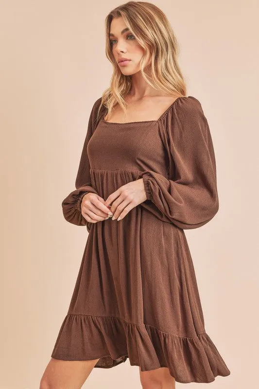 Aemi   Co Taya Squared Neck Long Sleeve Ruffle Dress