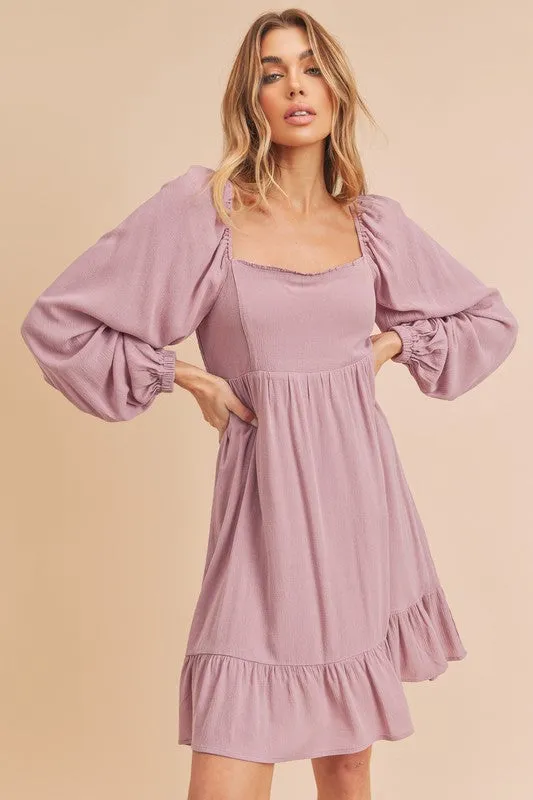 Aemi   Co Taya Squared Neck Long Sleeve Ruffle Dress